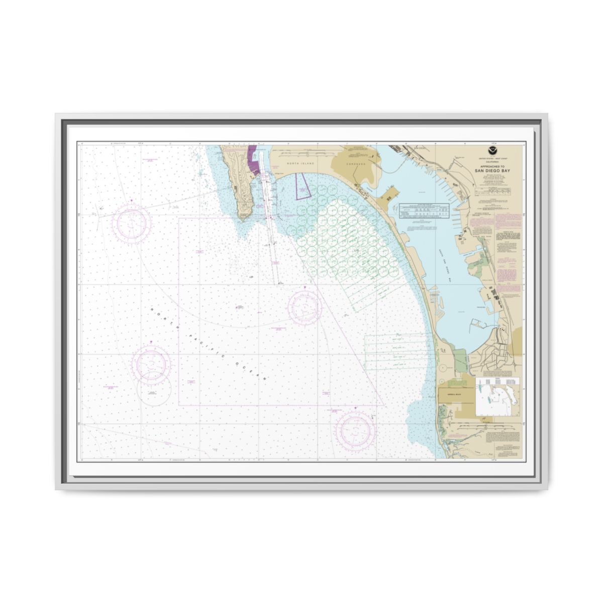 Chart 18772 Approaches to San Diego Bay - NOAA Nautical Chart Floating Frame Canvas | 32" x 24" | 40" x 30" - White front