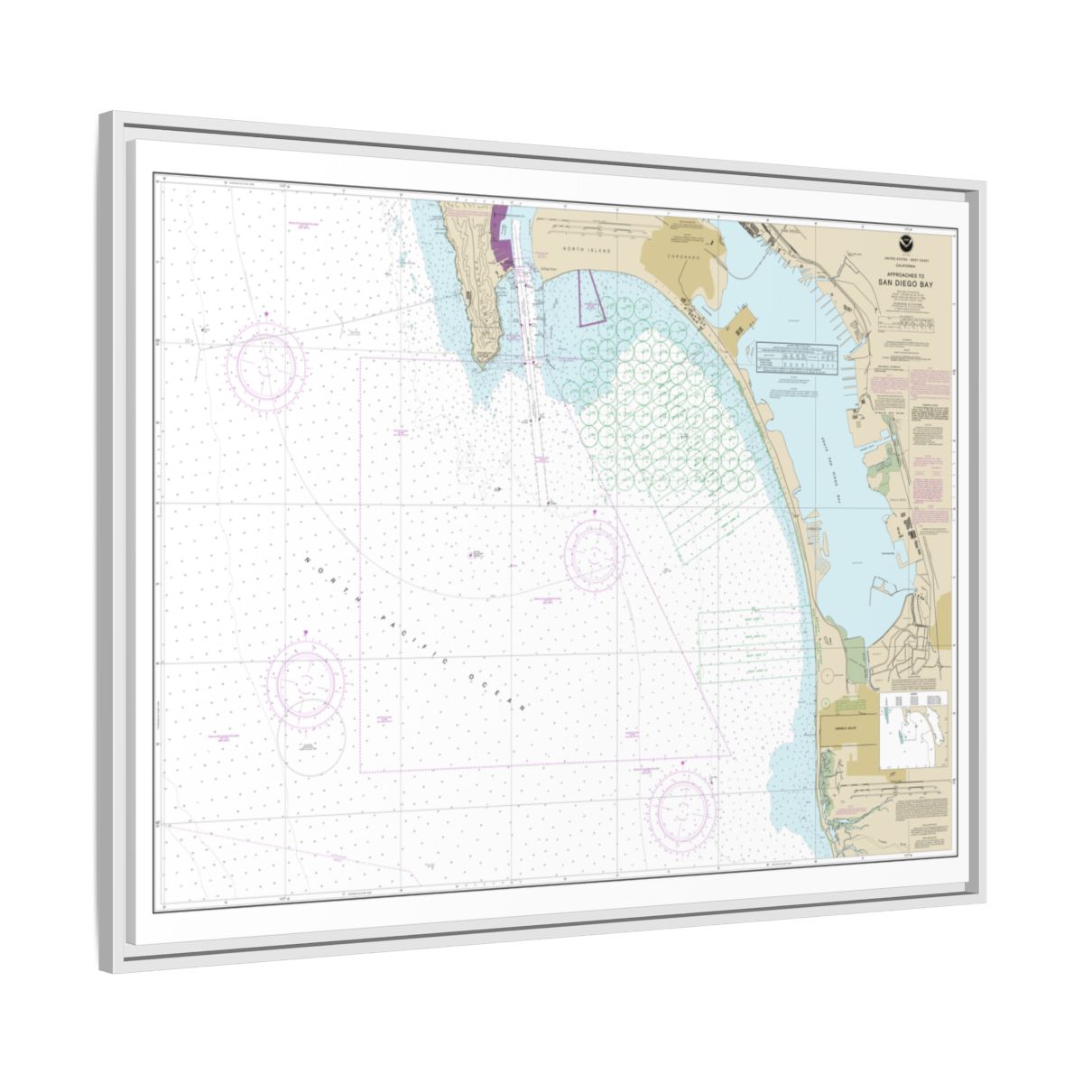 Chart 18772 Approaches to San Diego Bay - NOAA Nautical Chart Floating Frame Canvas | 32" x 24" | 40" x 30" - White side