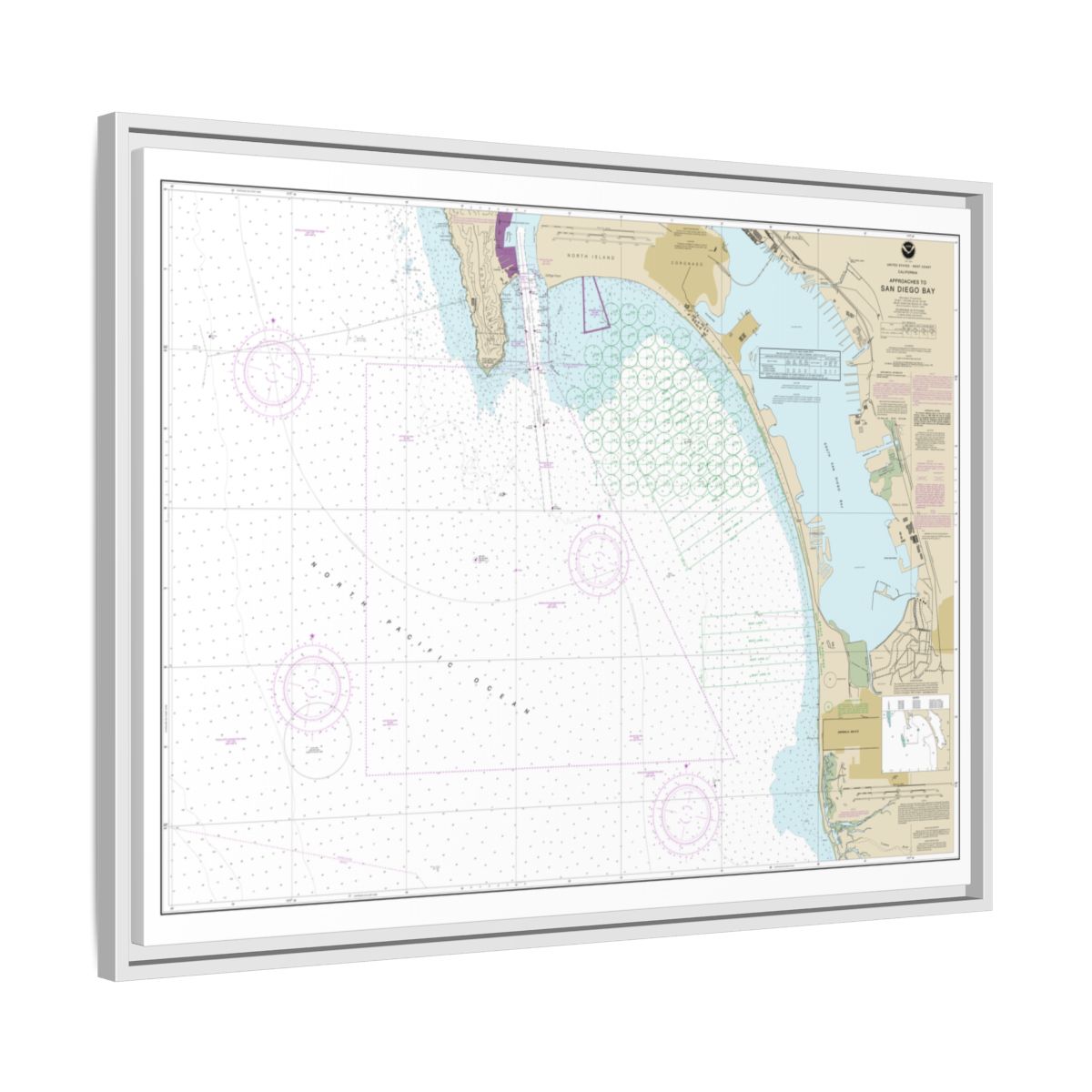 Chart 18772 Approaches to San Diego Bay - NOAA Nautical Chart Floating Frame Canvas | 32" x 24" | 40" x 30" - White side