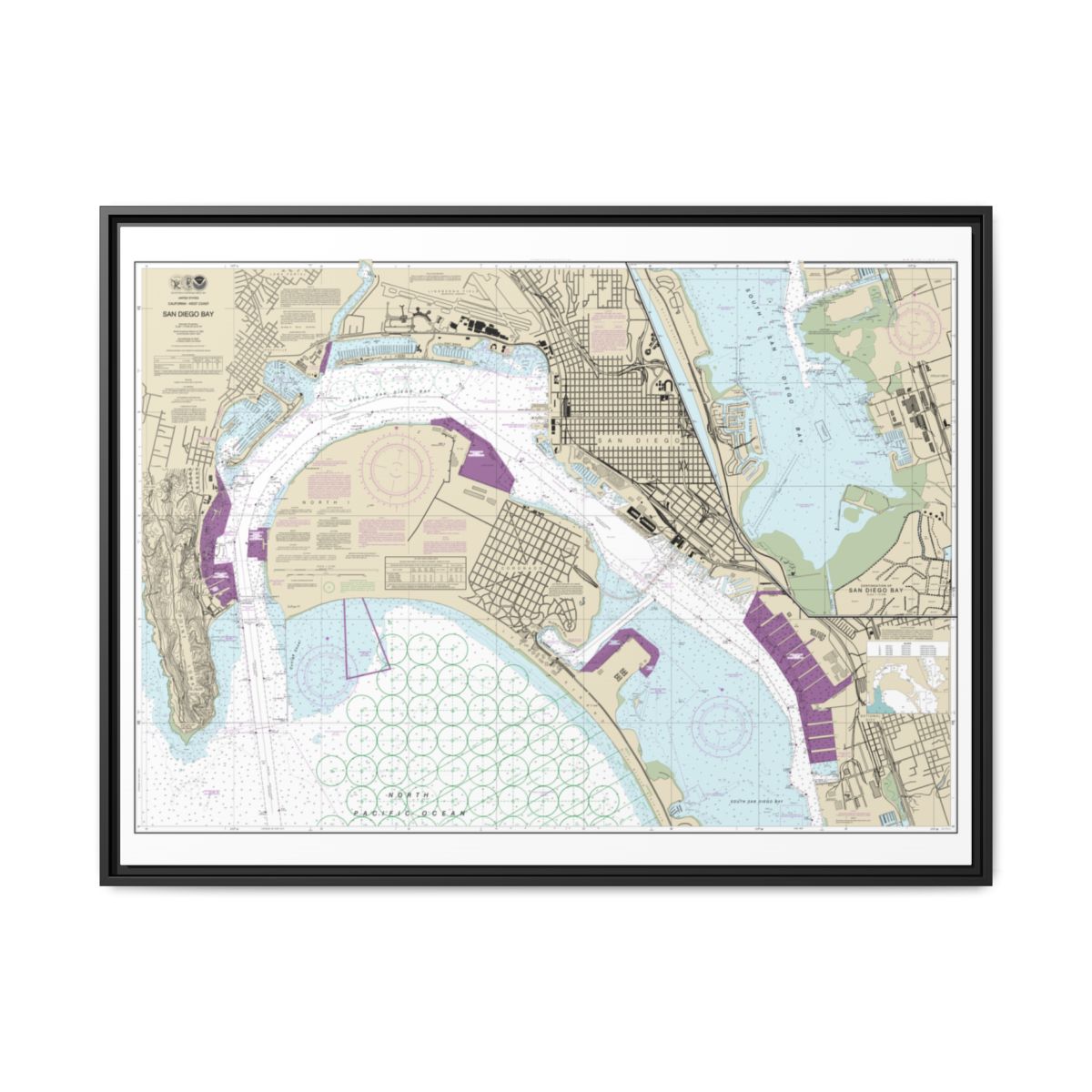Chart 18773 San Diego Bay - NOAA Nautical Chart Floating Frame Canvas | 32" x 24" | 40" x 30" - Black front