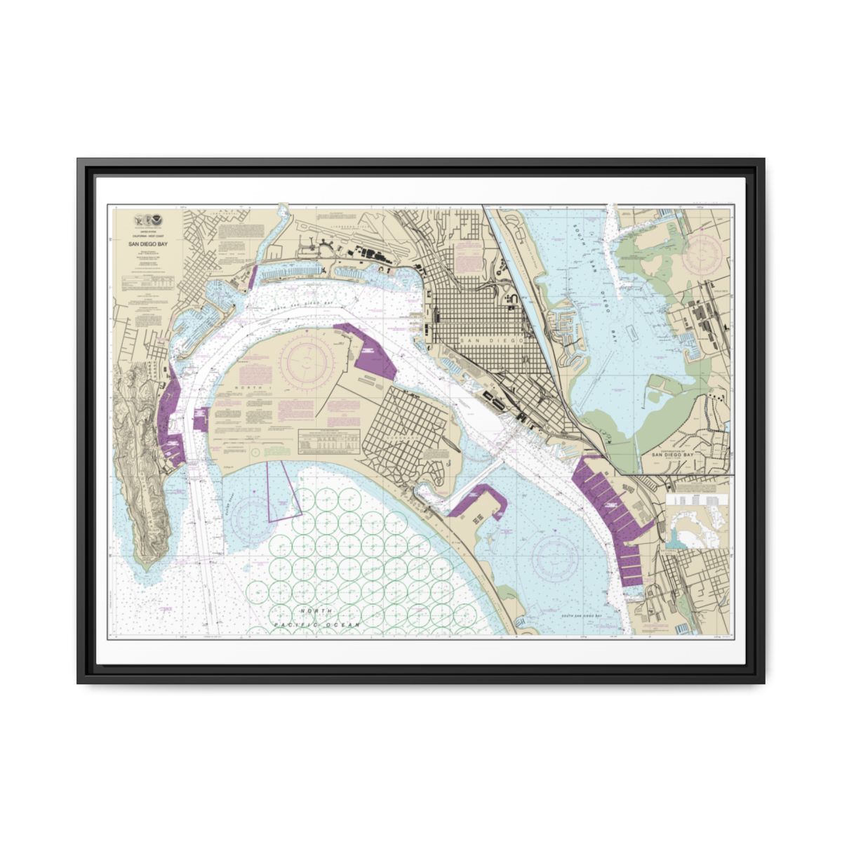 Chart 18773 San Diego Bay - NOAA Nautical Chart Floating Frame Canvas | 32" x 24" | 40" x 30" - Black front