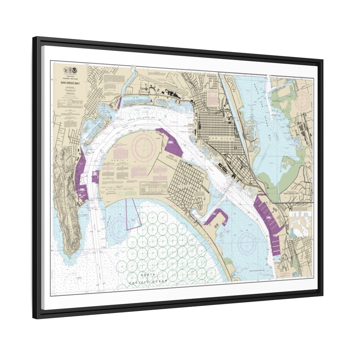 Chart 18773 San Diego Bay - NOAA Nautical Chart Floating Frame Canvas | 32" x 24" | 40" x 30" - Black side