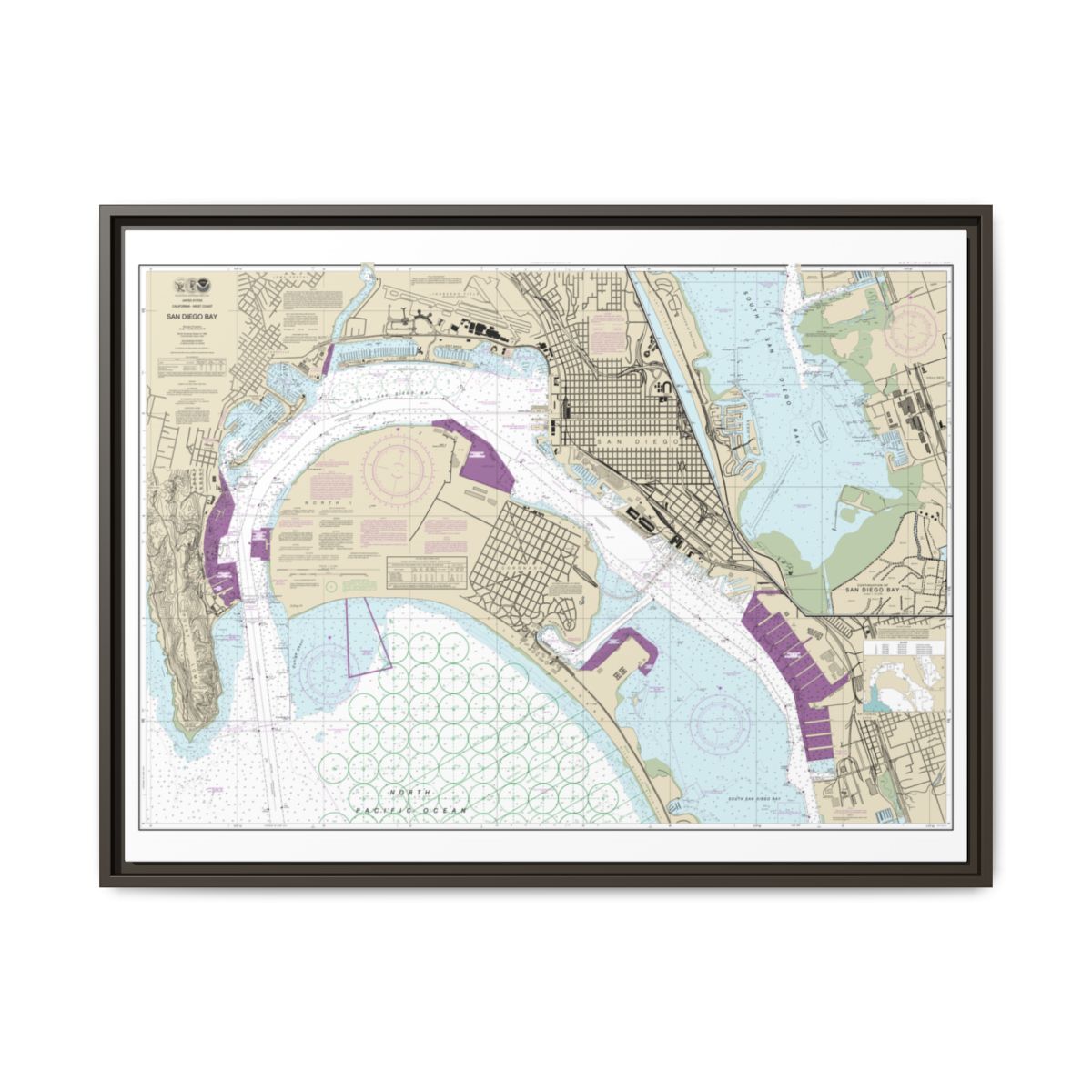Chart 18773 San Diego Bay - NOAA Nautical Chart Floating Frame Canvas | 32" x 24" | 40" x 30" - Espresso front