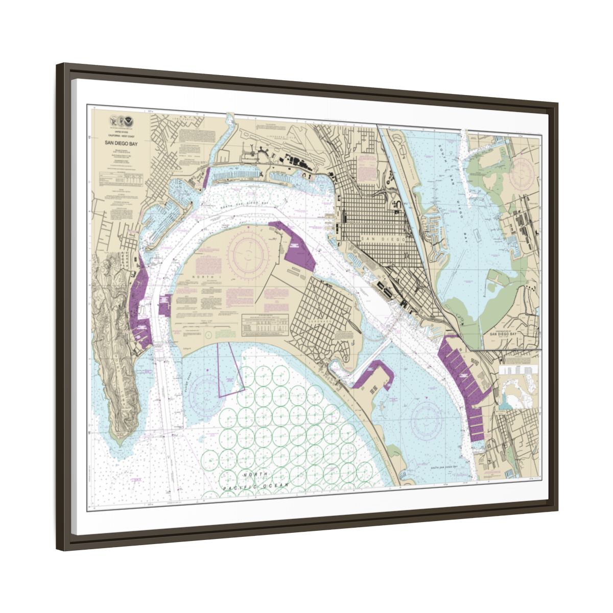 Chart 18773 San Diego Bay - NOAA Nautical Chart Floating Frame Canvas | 32" x 24" | 40" x 30" - Espresso side