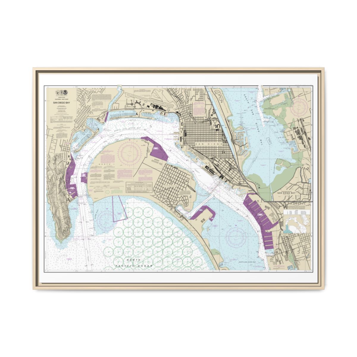 Chart 18773 San Diego Bay - NOAA Nautical Chart Floating Frame Canvas | 32" x 24" | 40" x 30" - Natural front