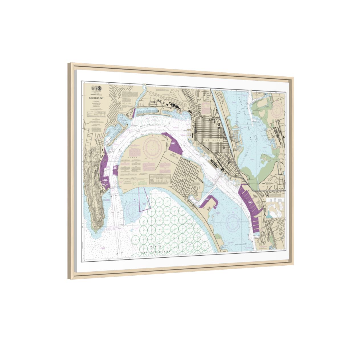 Chart 18773 San Diego Bay - NOAA Nautical Chart Floating Frame Canvas | 32" x 24" | 40" x 30" - Natural side