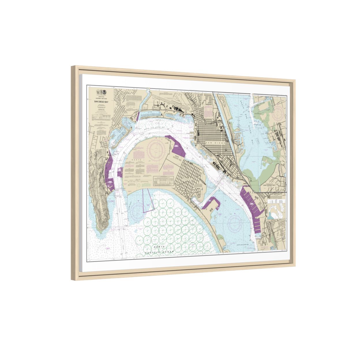 Chart 18773 San Diego Bay - NOAA Nautical Chart Floating Frame Canvas | 32" x 24" | 40" x 30" - Natural side