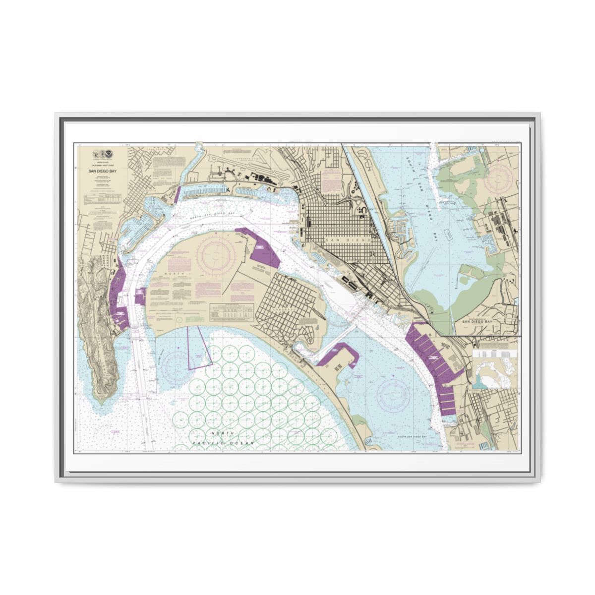 Chart 18773 San Diego Bay - NOAA Nautical Chart Floating Frame Canvas | 32" x 24" | 40" x 30" - White front