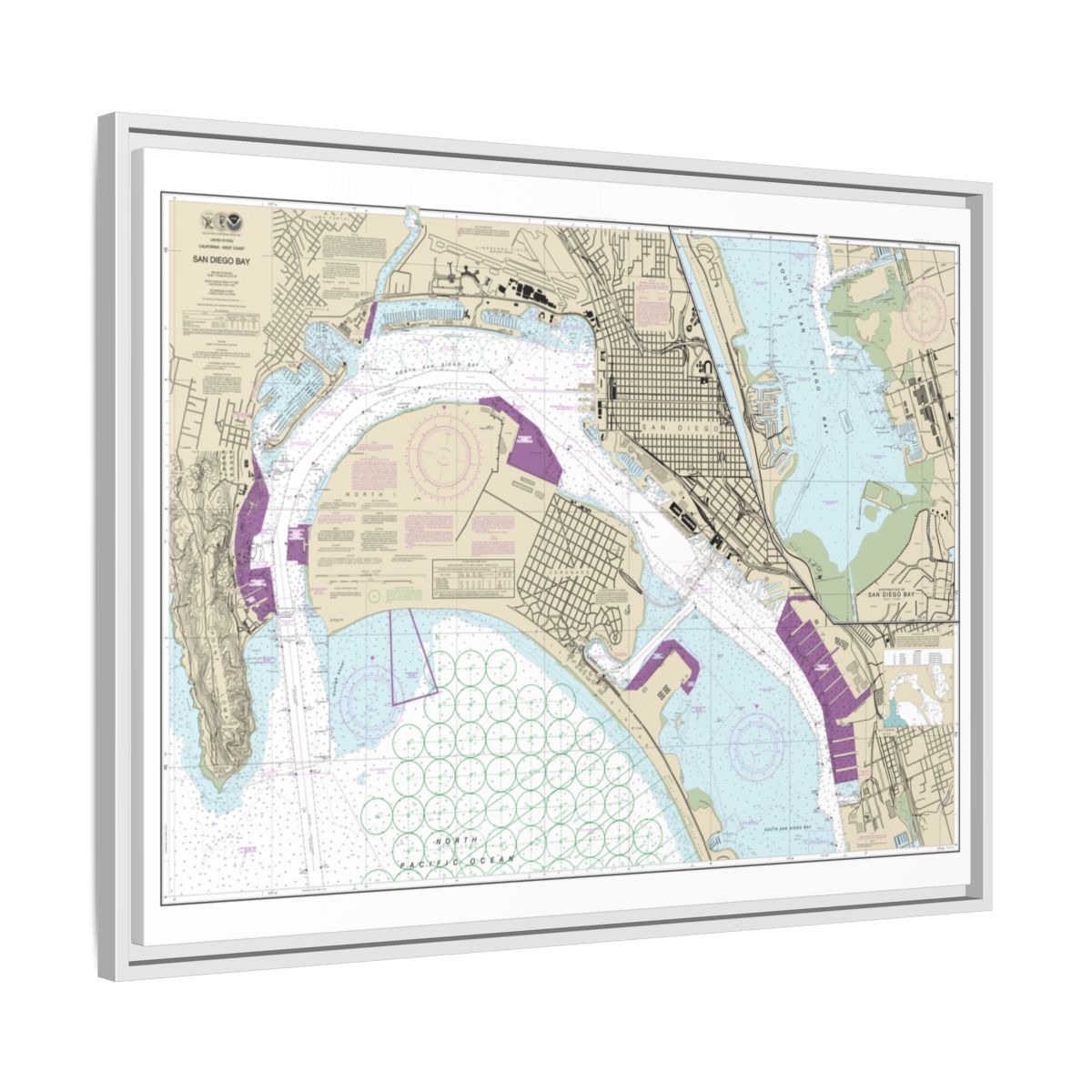 Chart 18773 San Diego Bay - NOAA Nautical Chart Floating Frame Canvas | 32" x 24" | 40" x 30" - White side
