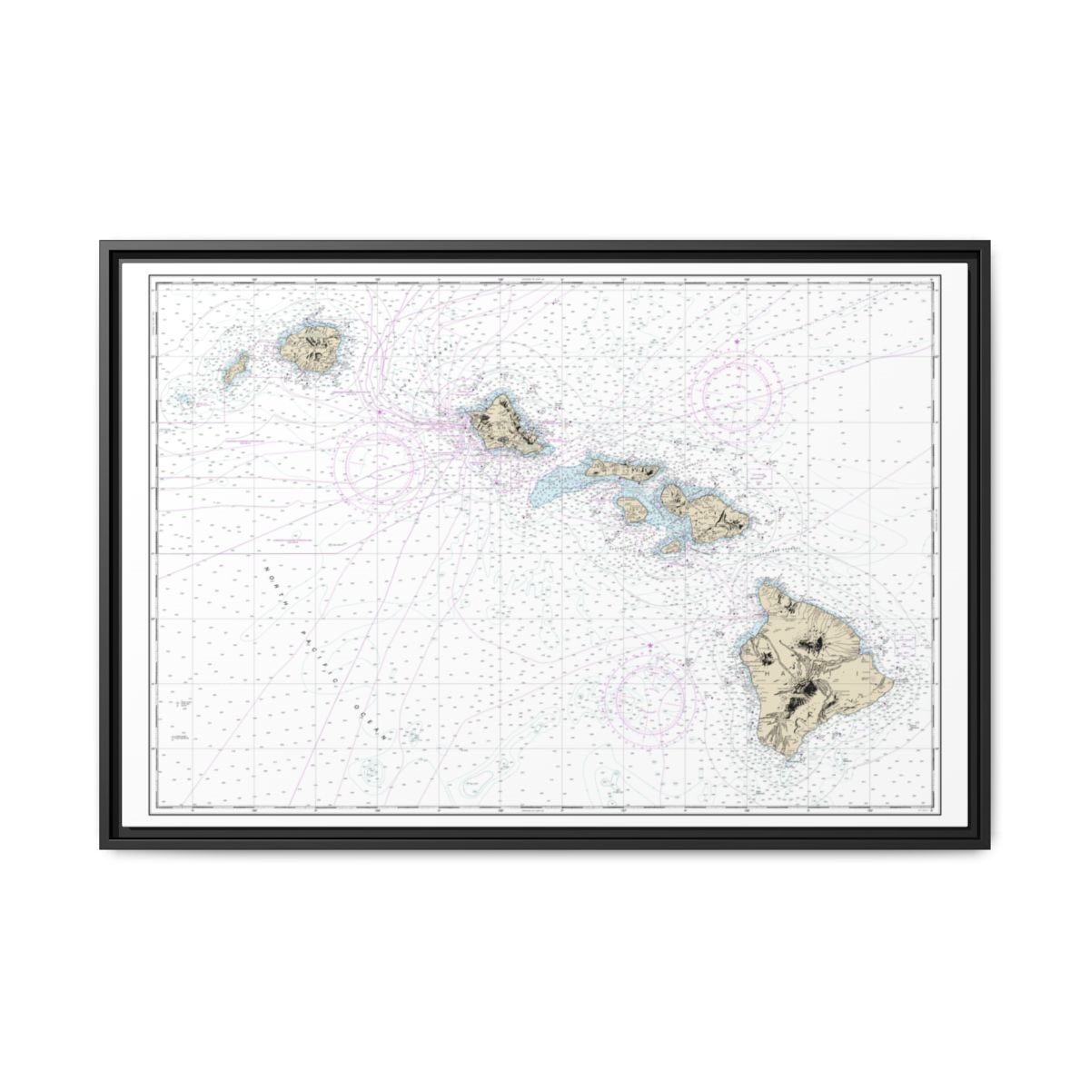 Chart 19004 Hawaiian Islands - NOAA Nautical Chart Floating Frame Canvas | 30" x 20" | 36" x 24" | 48" x 32" - Black front