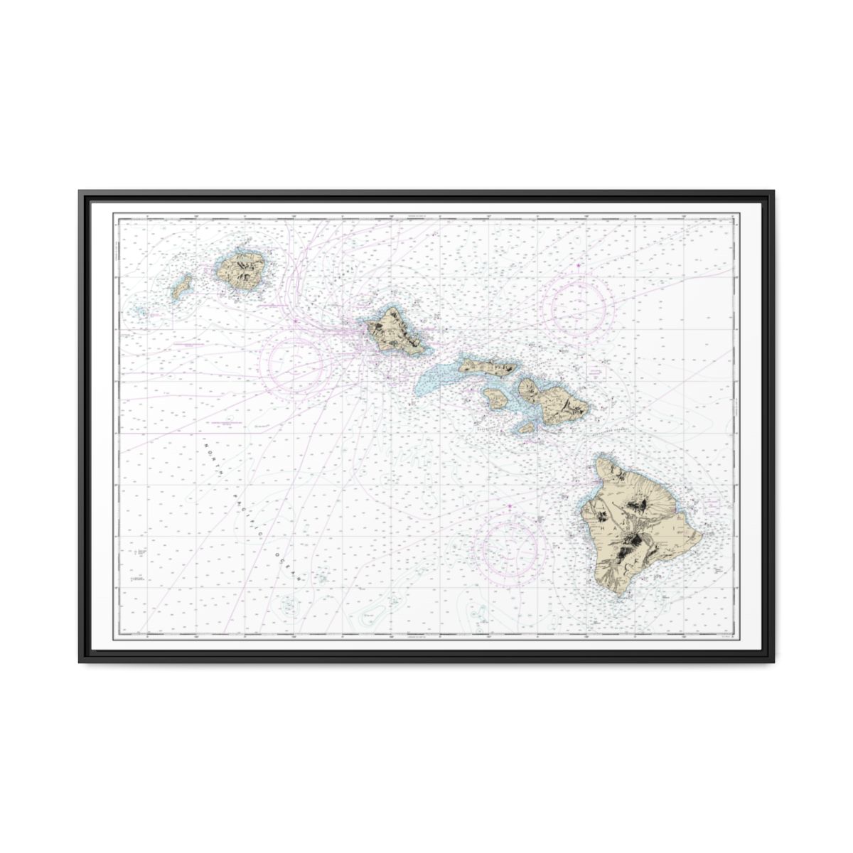 Chart 19004 Hawaiian Islands - NOAA Nautical Chart Floating Frame Canvas | 30" x 20" | 36" x 24" | 48" x 32" - Black front