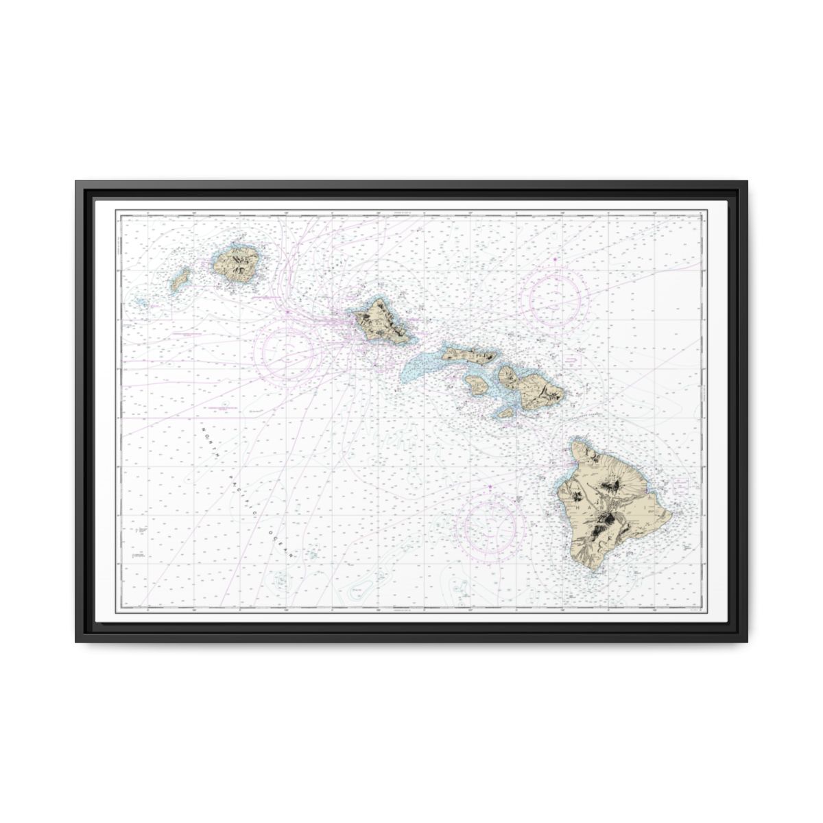 Chart 19004 Hawaiian Islands - NOAA Nautical Chart Floating Frame Canvas | 30" x 20" | 36" x 24" | 48" x 32" - Black front