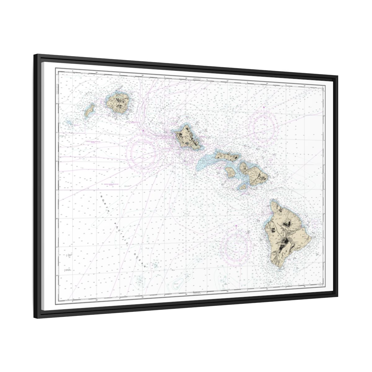 Chart 19004 Hawaiian Islands - NOAA Nautical Chart Floating Frame Canvas | 30" x 20" | 36" x 24" | 48" x 32" - Black side