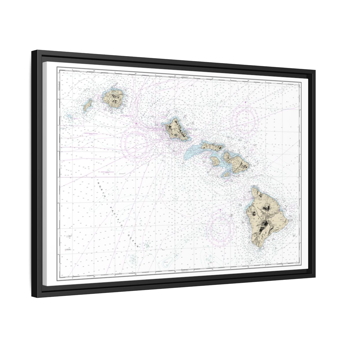 Chart 19004 Hawaiian Islands - NOAA Nautical Chart Floating Frame Canvas | 30" x 20" | 36" x 24" | 48" x 32" - Black side
