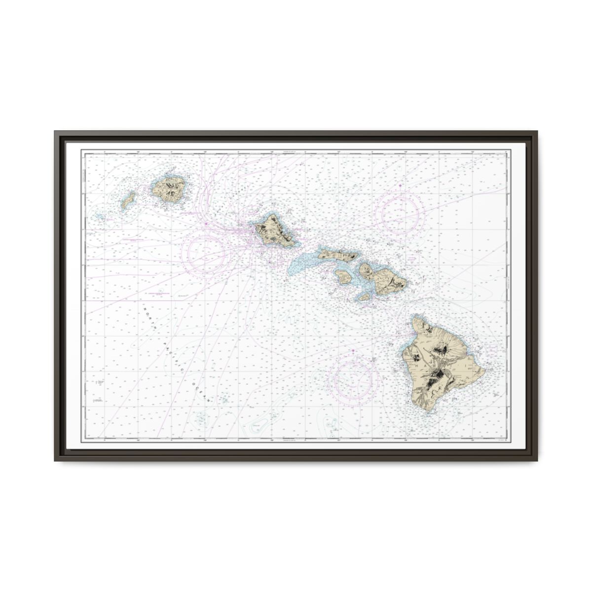 Chart 19004 Hawaiian Islands - NOAA Nautical Chart Floating Frame Canvas | 30" x 20" | 36" x 24" | 48" x 32" - Espresso front