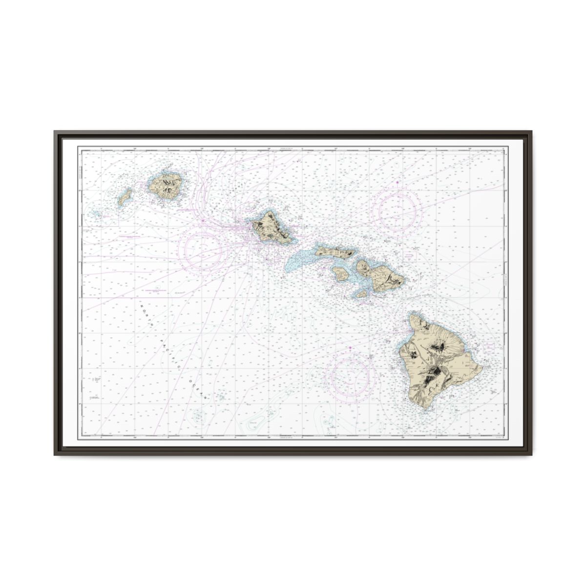 Chart 19004 Hawaiian Islands - NOAA Nautical Chart Floating Frame Canvas | 30" x 20" | 36" x 24" | 48" x 32" - Espresso front