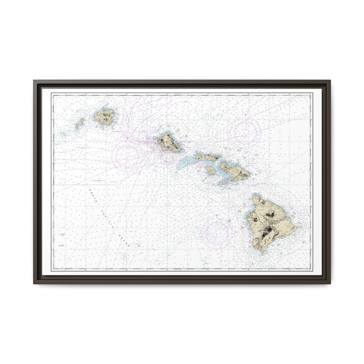 Chart 19004 Hawaiian Islands - NOAA Nautical Chart Floating Frame Canvas | 30" x 20" | 36" x 24" | 48" x 32" - Espresso front