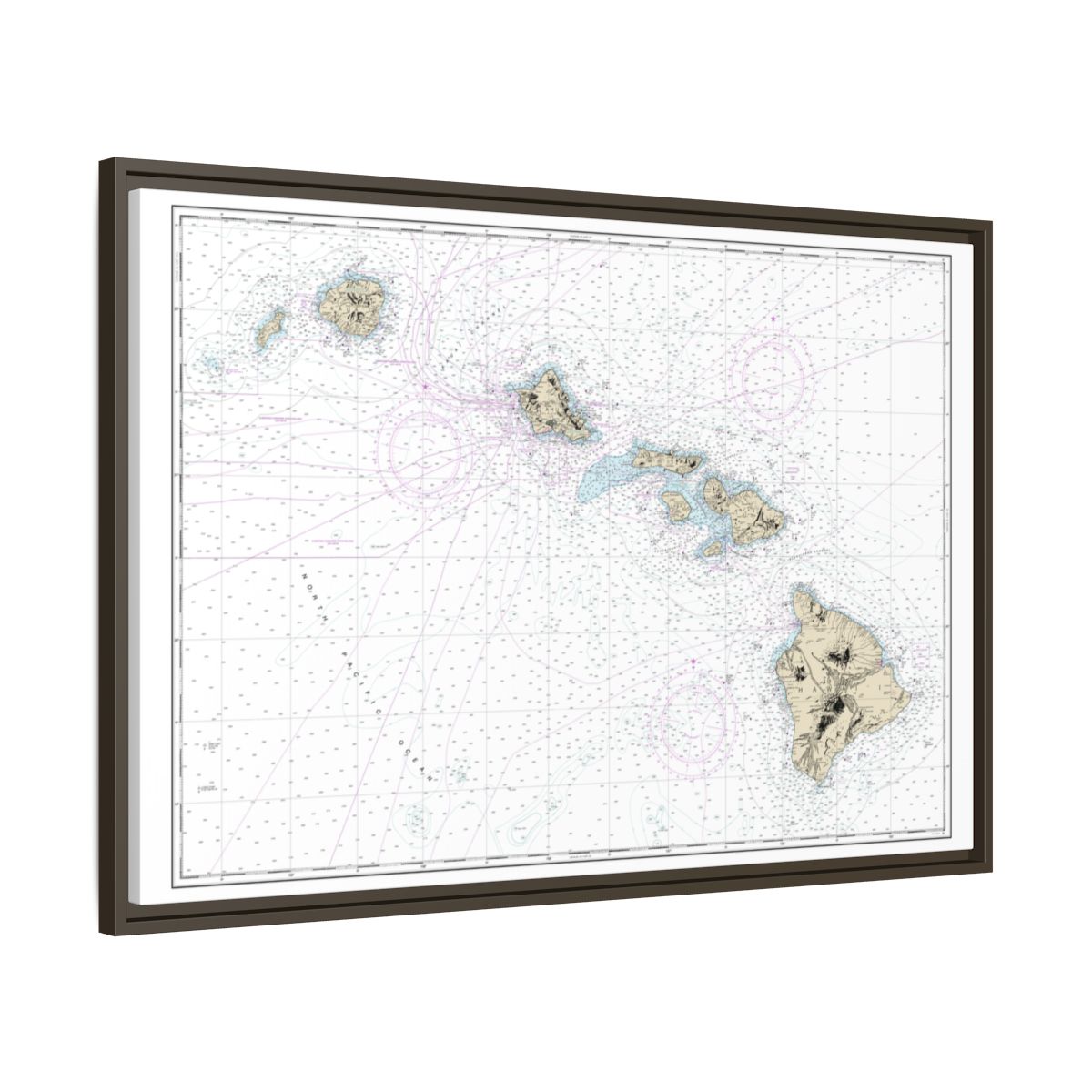 Chart 19004 Hawaiian Islands - NOAA Nautical Chart Floating Frame Canvas | 30" x 20" | 36" x 24" | 48" x 32" - Espresso side