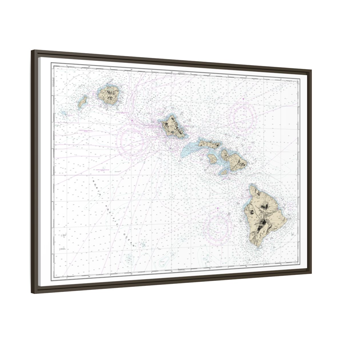 Chart 19004 Hawaiian Islands - NOAA Nautical Chart Floating Frame Canvas | 30" x 20" | 36" x 24" | 48" x 32" - Espresso side