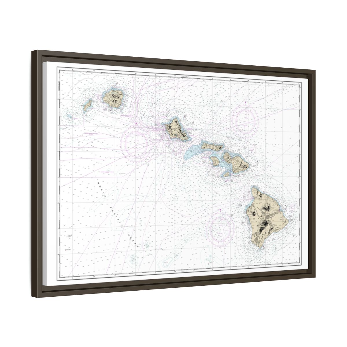 Chart 19004 Hawaiian Islands - NOAA Nautical Chart Floating Frame Canvas | 30" x 20" | 36" x 24" | 48" x 32" - Espresso side