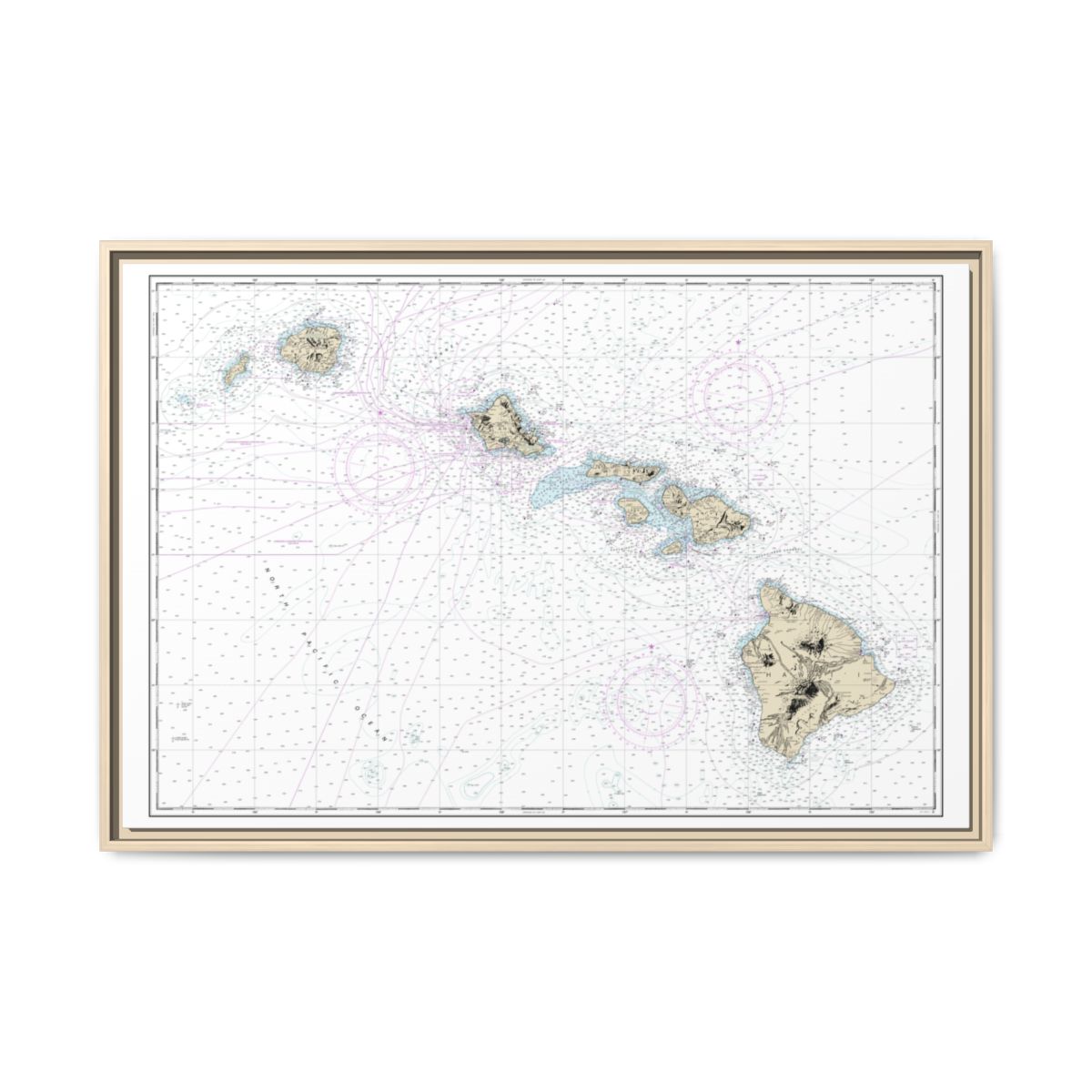 Chart 19004 Hawaiian Islands - NOAA Nautical Chart Floating Frame Canvas | 30" x 20" | 36" x 24" | 48" x 32" - Natural front