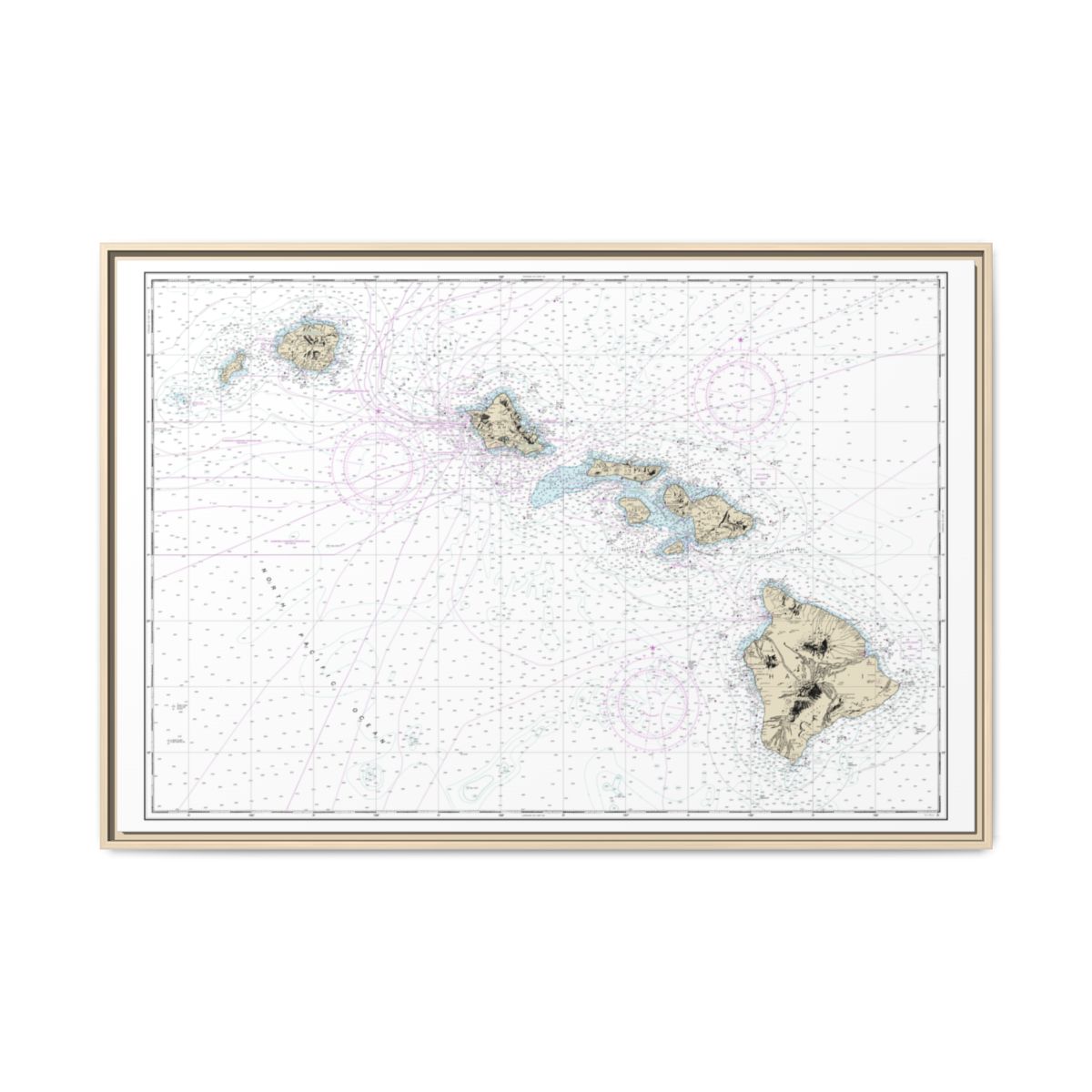 Chart 19004 Hawaiian Islands - NOAA Nautical Chart Floating Frame Canvas | 30" x 20" | 36" x 24" | 48" x 32" - Natural front