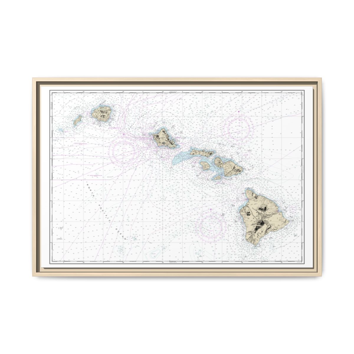 Chart 19004 Hawaiian Islands - NOAA Nautical Chart Floating Frame Canvas | 30" x 20" | 36" x 24" | 48" x 32" - Natural front