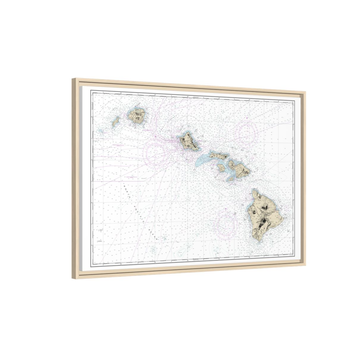 Chart 19004 Hawaiian Islands - NOAA Nautical Chart Floating Frame Canvas | 30" x 20" | 36" x 24" | 48" x 32" - Natural side