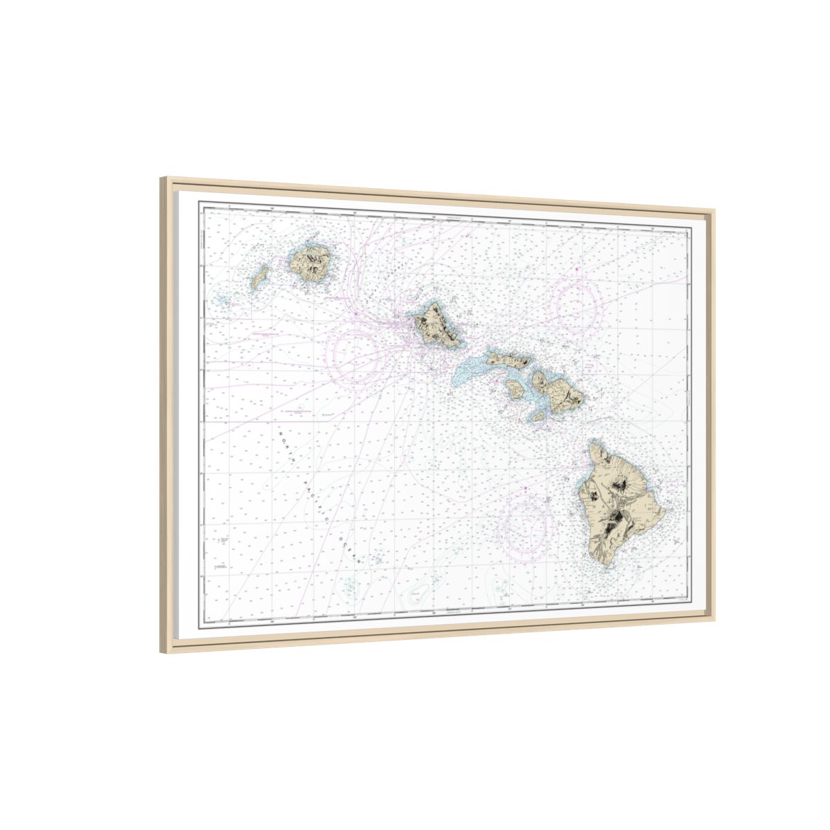 Chart 19004 Hawaiian Islands - NOAA Nautical Chart Floating Frame Canvas | 30" x 20" | 36" x 24" | 48" x 32" - Natural side