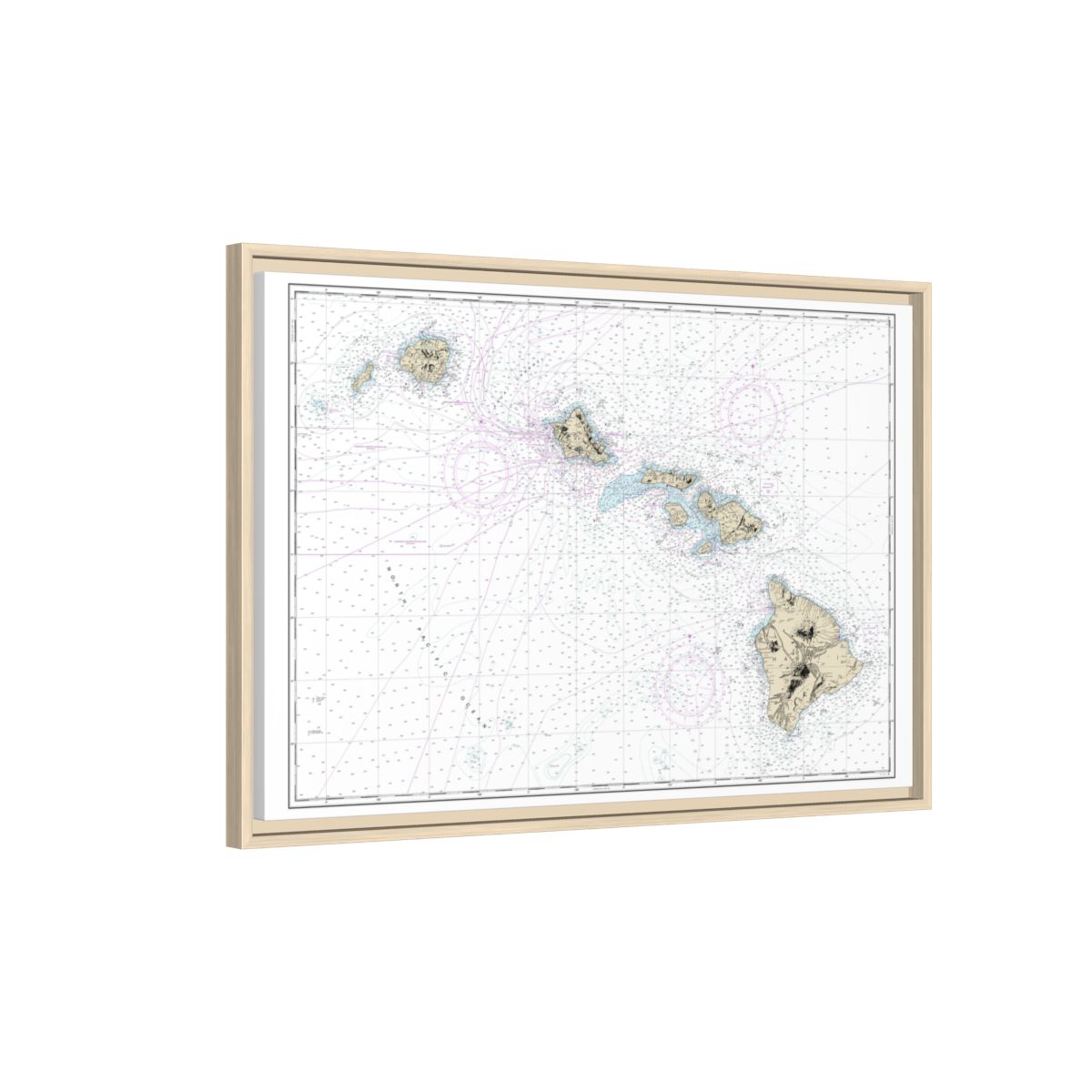 Chart 19004 Hawaiian Islands - NOAA Nautical Chart Floating Frame Canvas | 30" x 20" | 36" x 24" | 48" x 32" - Natural side