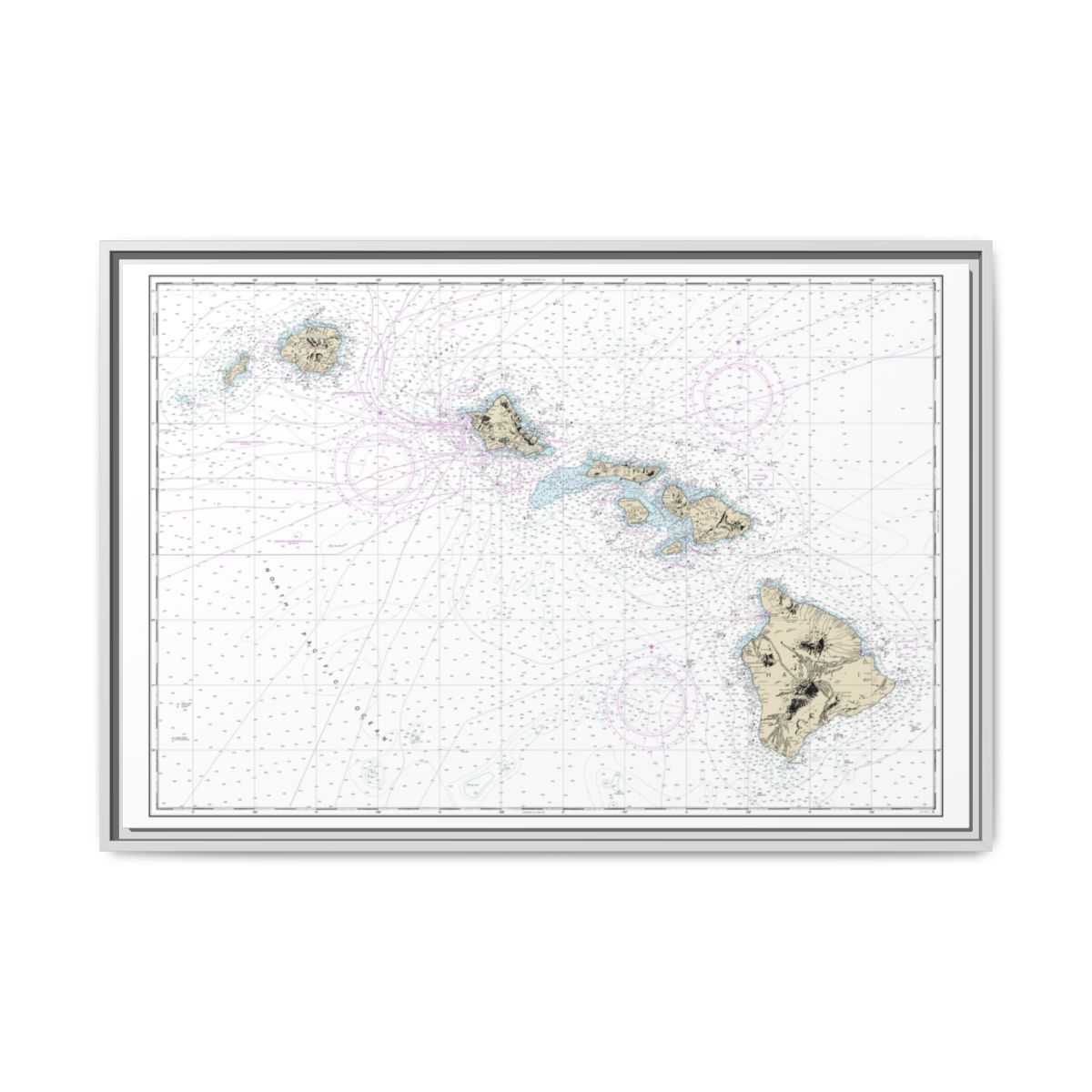 Chart 19004 Hawaiian Islands - NOAA Nautical Chart Floating Frame Canvas | 30" x 20" | 36" x 24" | 48" x 32" - White front