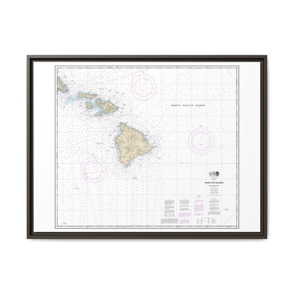 Chart 19010 Hawaiian Islands southern part - NOAA Nautical Chart Floating Frame Canvas | 32" x 24" | 40" x 30" - Espresso front