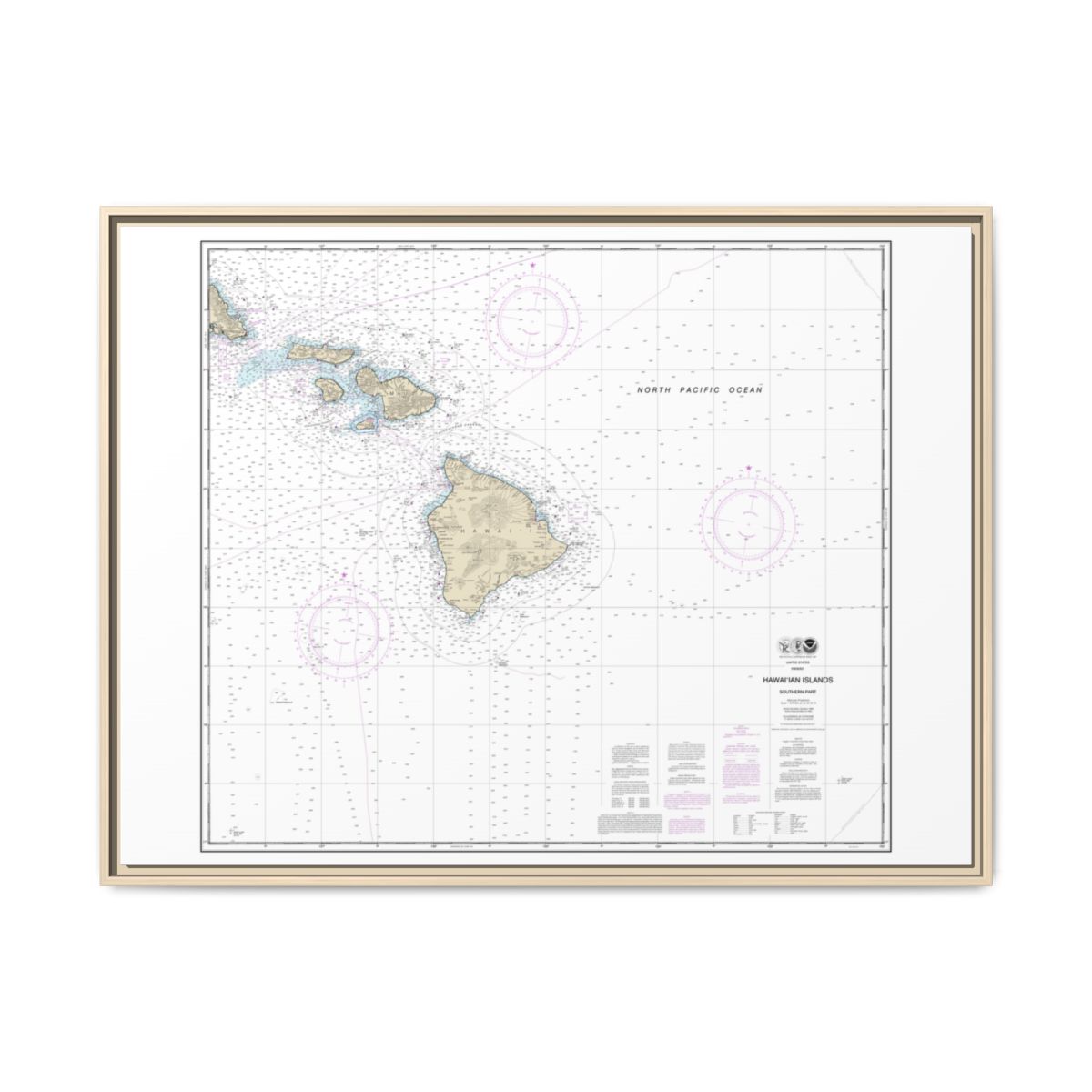 Chart 19010 Hawaiian Islands southern part - NOAA Nautical Chart Floating Frame Canvas | 32" x 24" | 40" x 30" - Natural front