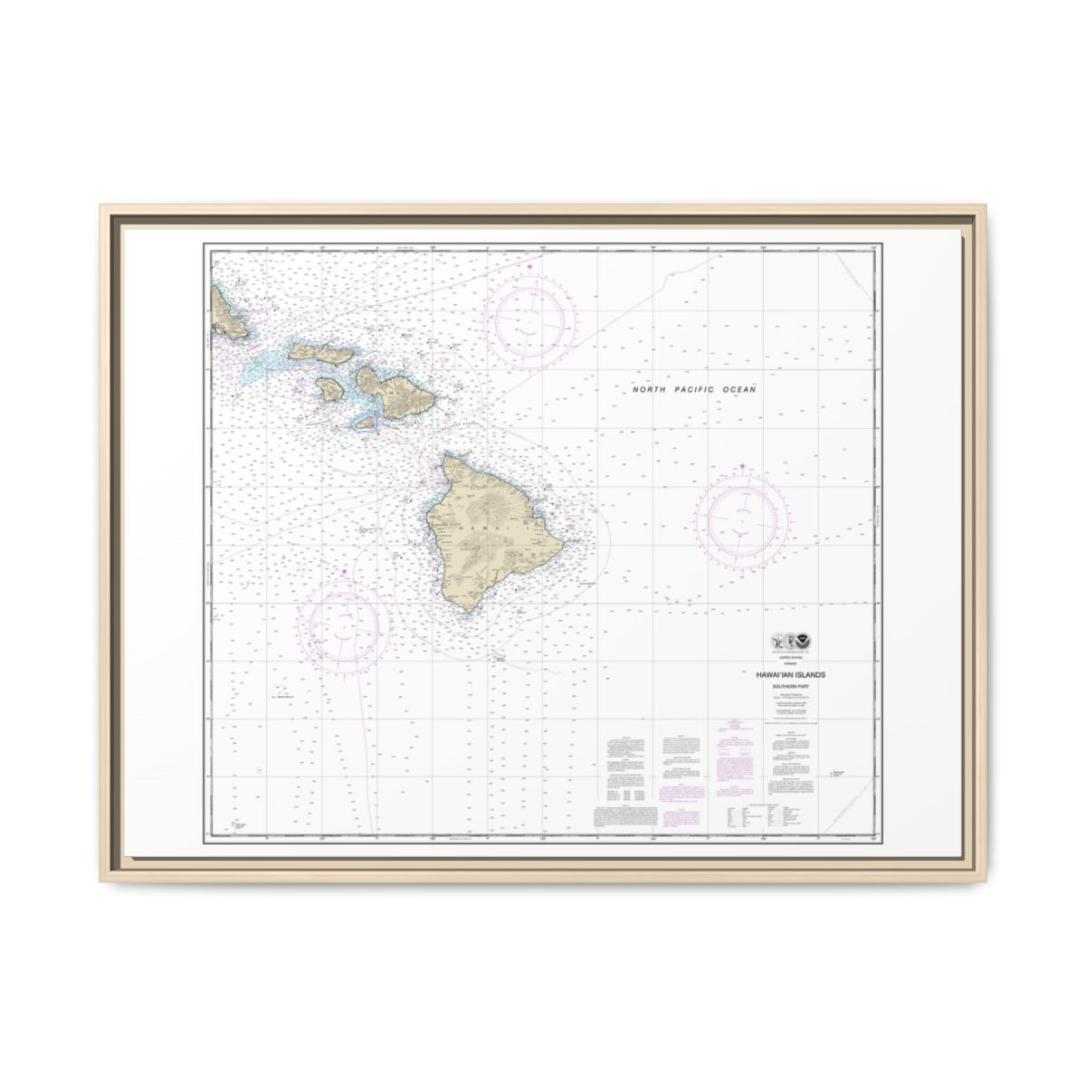 Chart 19010 Hawaiian Islands southern part - NOAA Nautical Chart Floating Frame Canvas | 32" x 24" | 40" x 30" - Natural front