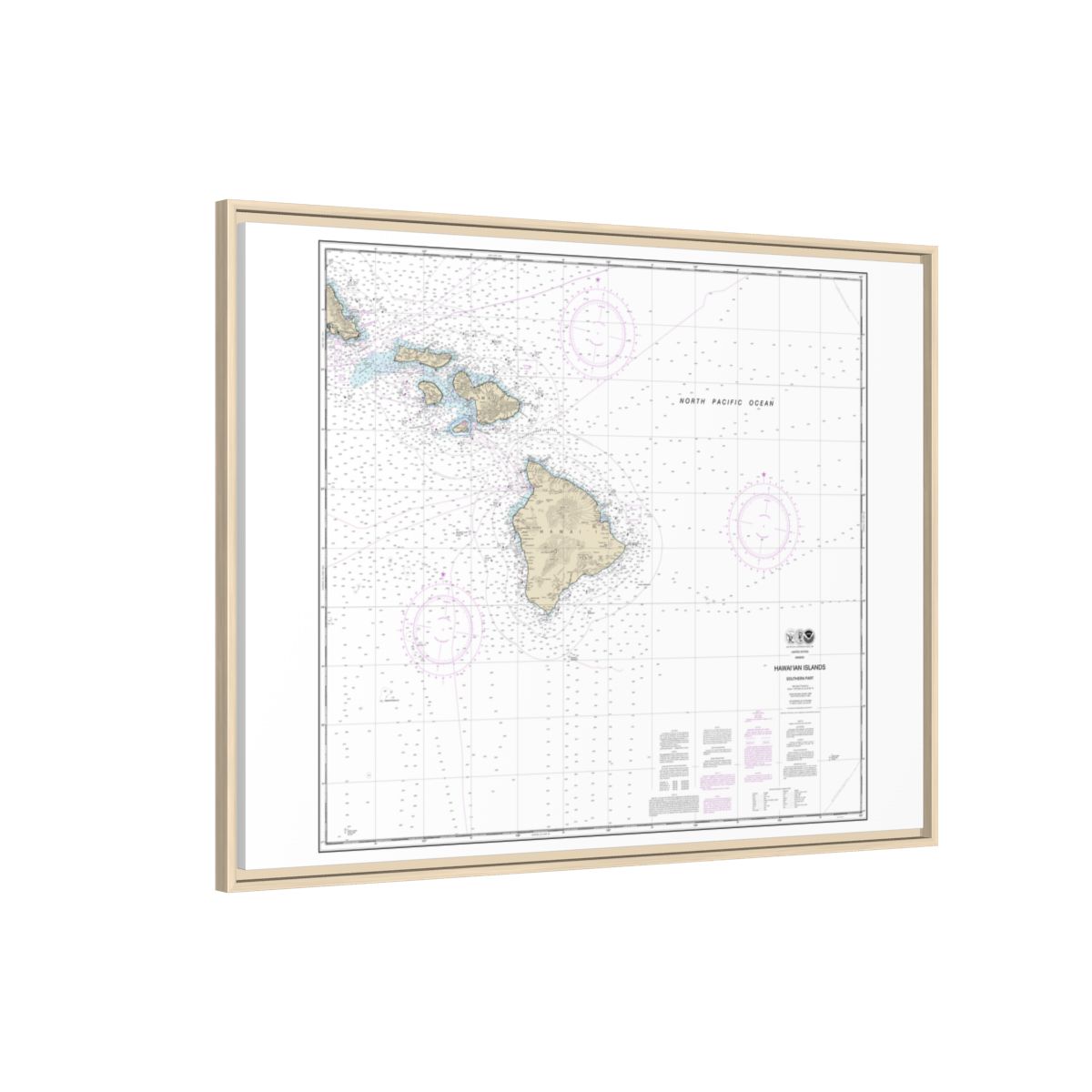 Chart 19010 Hawaiian Islands southern part - NOAA Nautical Chart Floating Frame Canvas | 32" x 24" | 40" x 30" - Natural side
