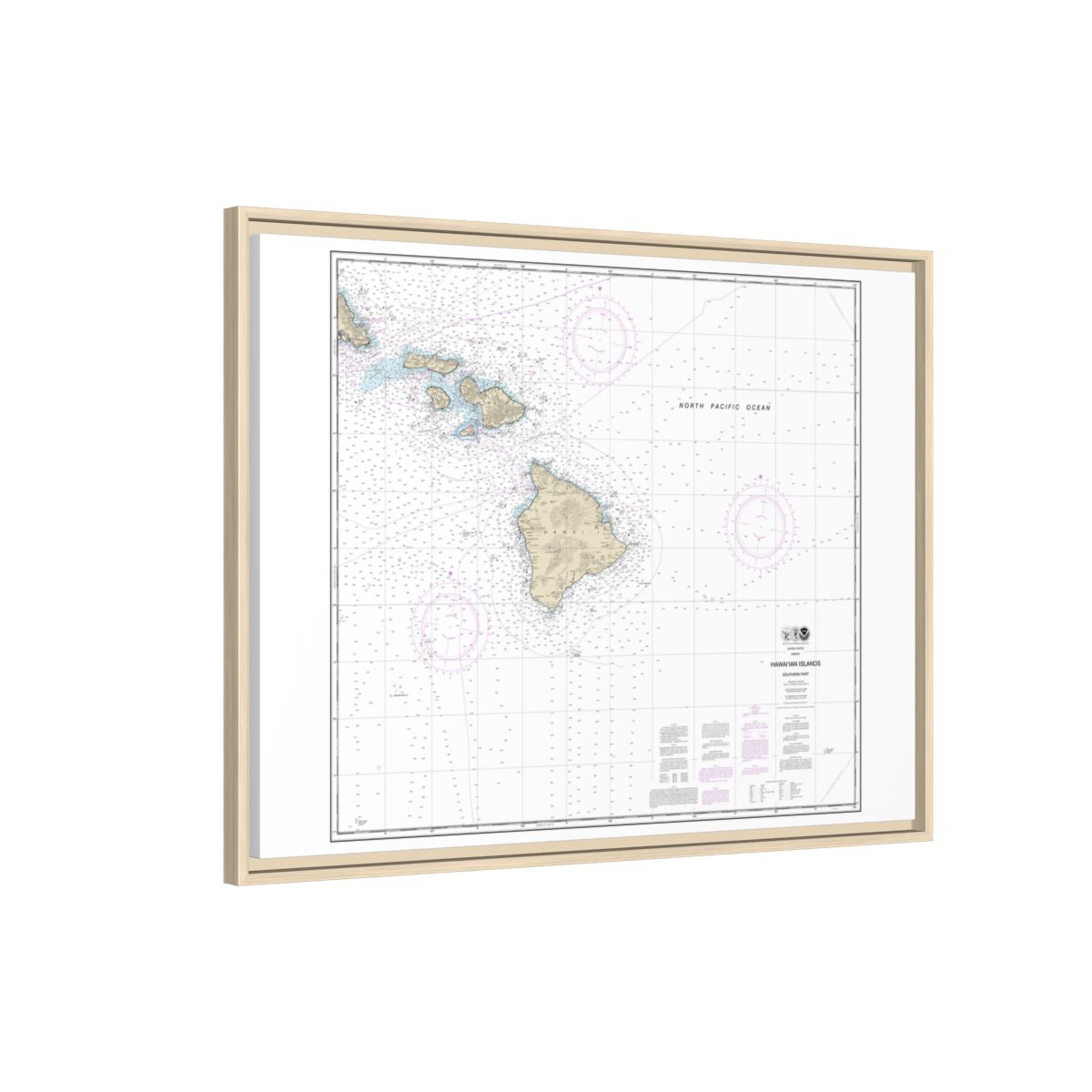 Chart 19010 Hawaiian Islands southern part - NOAA Nautical Chart Floating Frame Canvas | 32" x 24" | 40" x 30" - Natural side