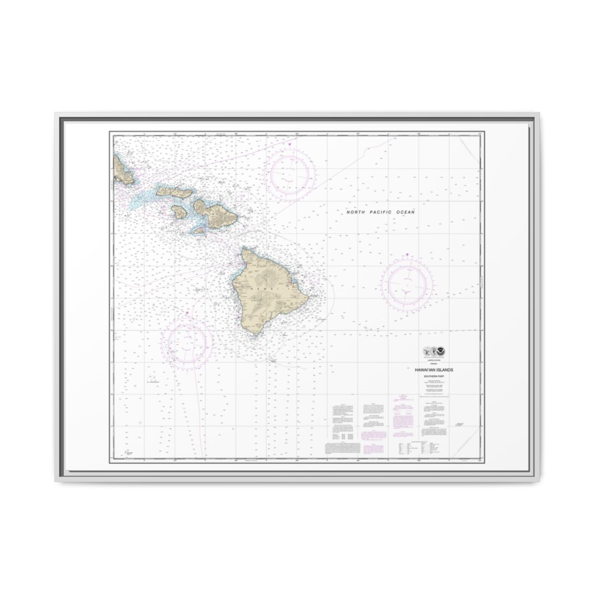 Chart 19010 Hawaiian Islands southern part - NOAA Nautical Chart Floating Frame Canvas | 32" x 24" | 40" x 30" - White front