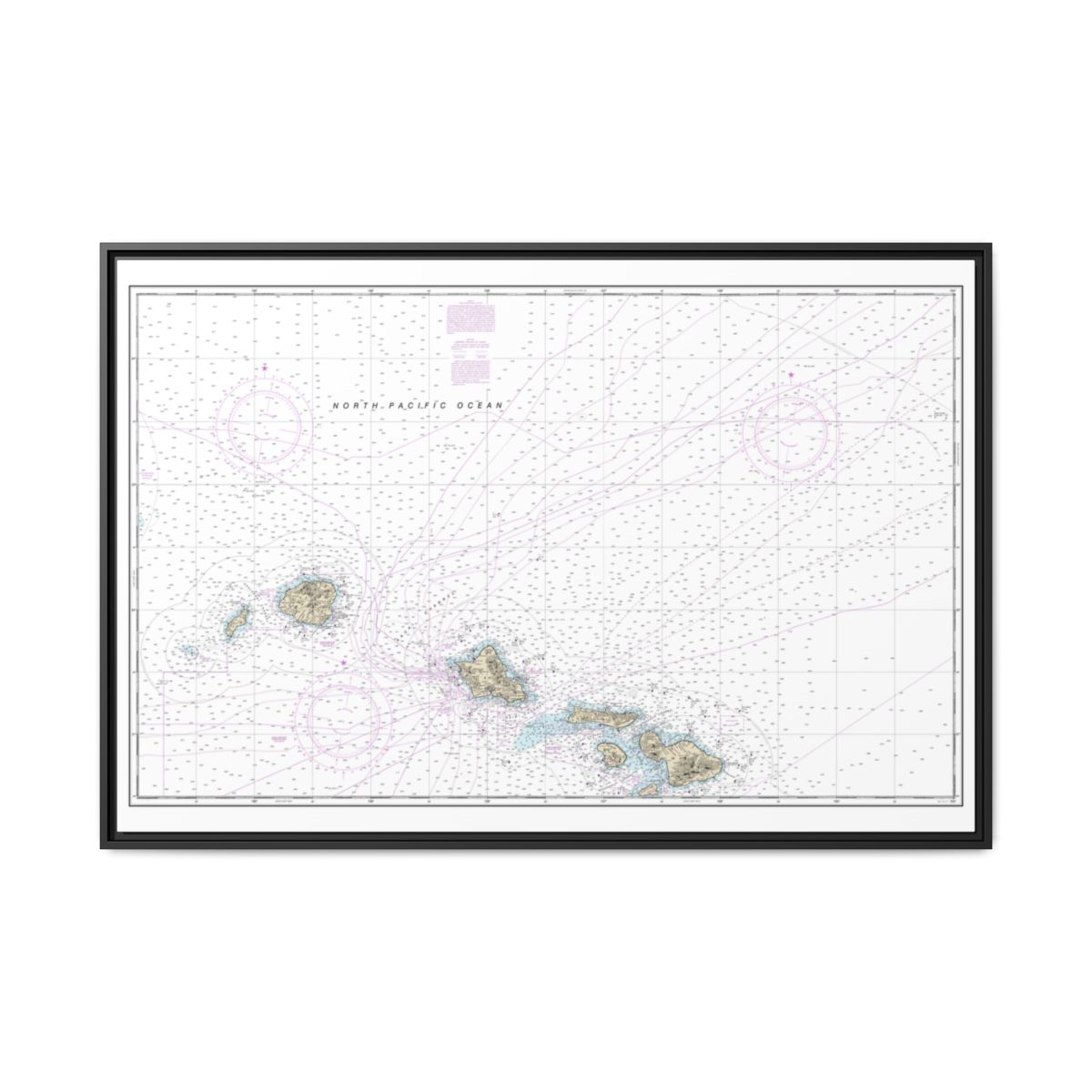 Chart 19013 Hawaiian Islands northern part - NOAA Nautical Chart Floating Frame Canvas | 30" x 20" | 36" x 24" | 48" x 32" - Black front