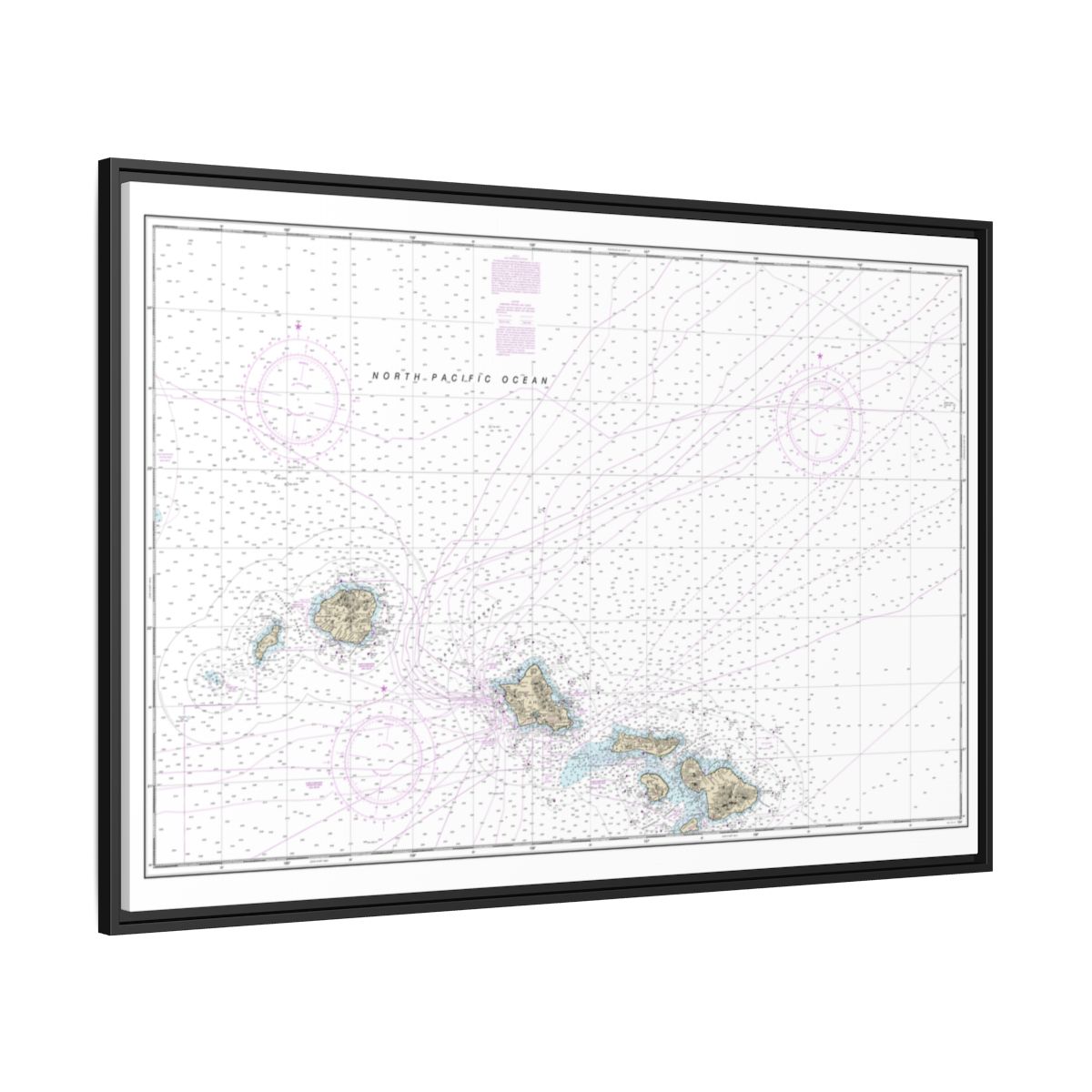 Chart 19013 Hawaiian Islands northern part - NOAA Nautical Chart Floating Frame Canvas | 30" x 20" | 36" x 24" | 48" x 32" - Black side