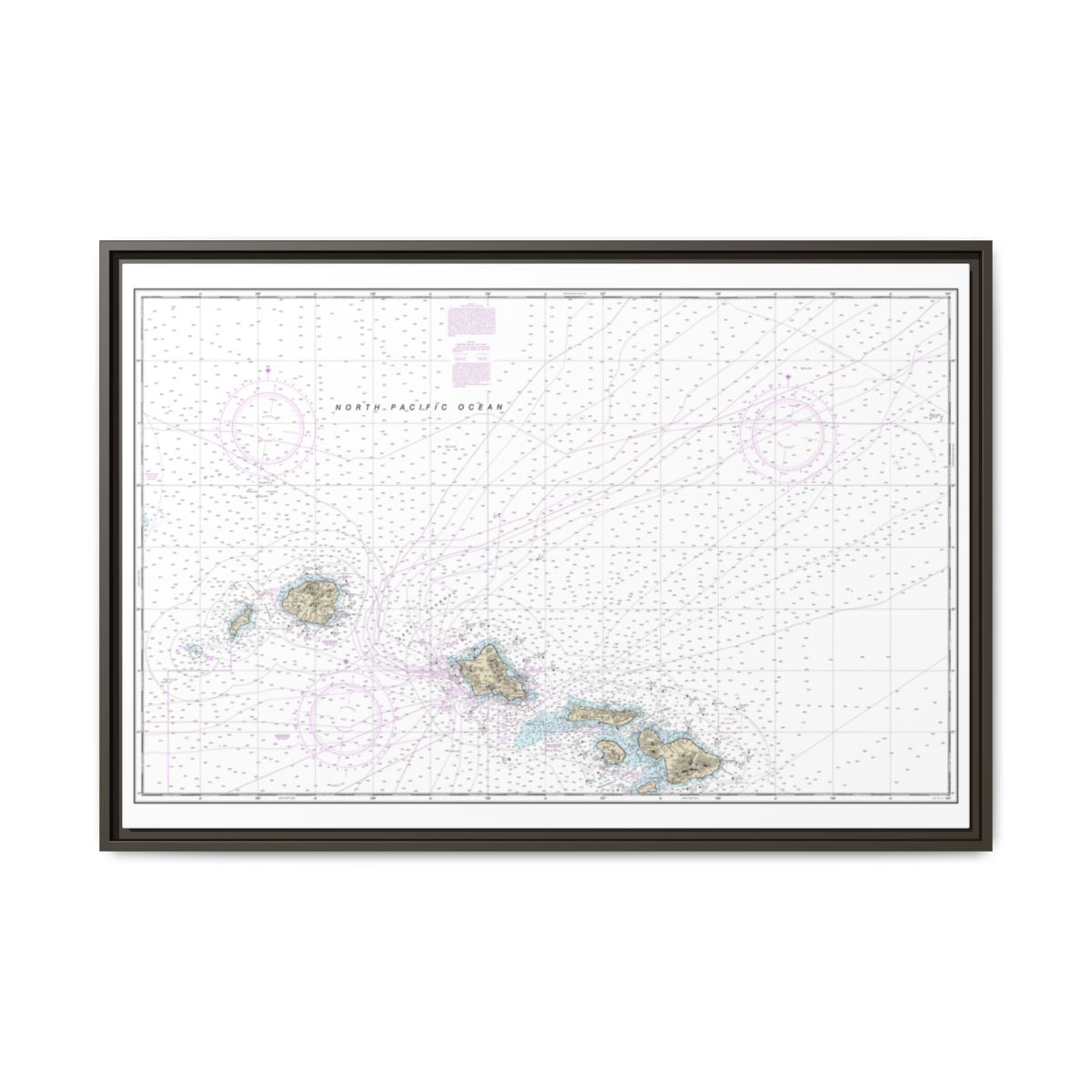 Chart 19013 Hawaiian Islands northern part - NOAA Nautical Chart Floating Frame Canvas | 30" x 20" | 36" x 24" | 48" x 32" - Espresso front