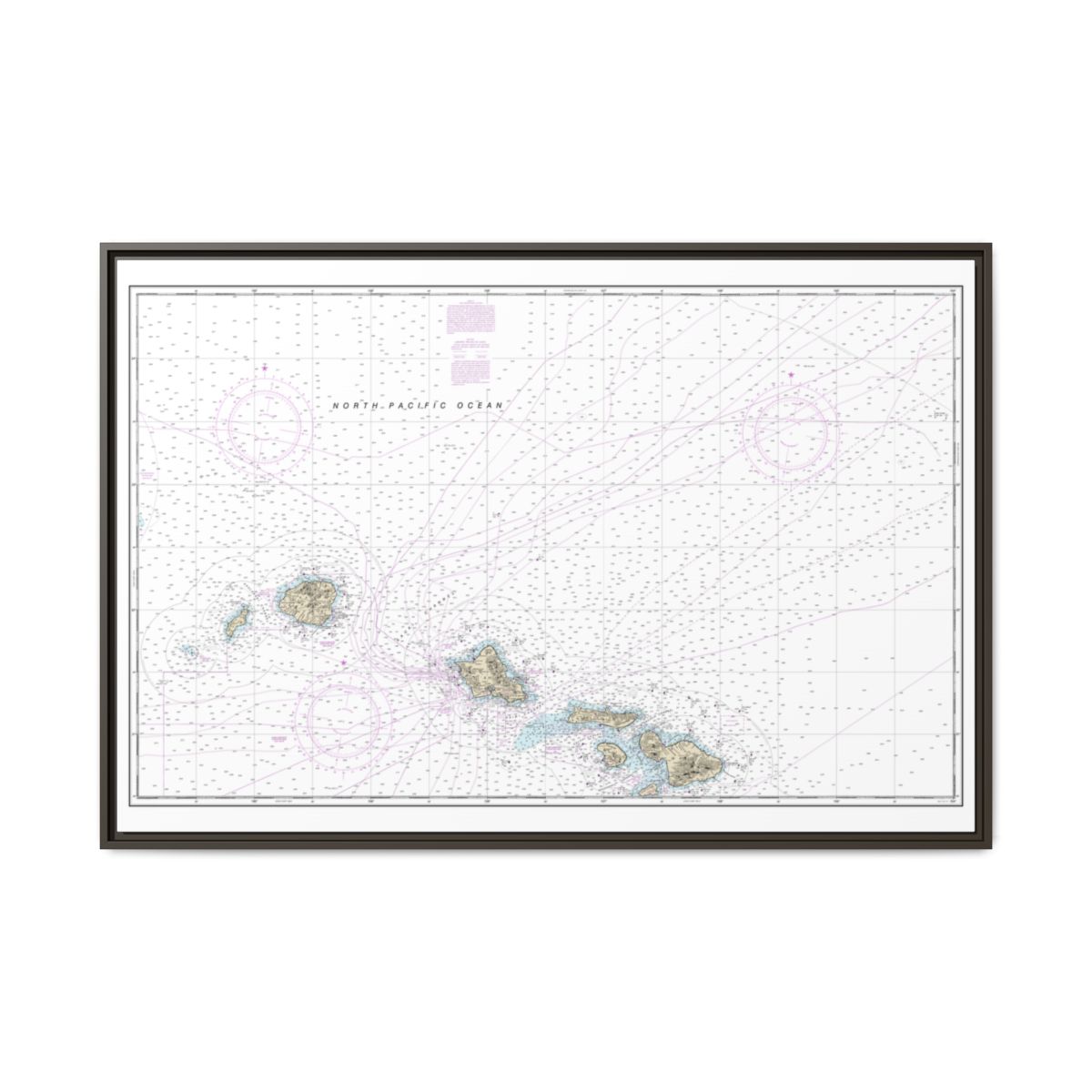 Chart 19013 Hawaiian Islands northern part - NOAA Nautical Chart Floating Frame Canvas | 30" x 20" | 36" x 24" | 48" x 32" - Espresso front