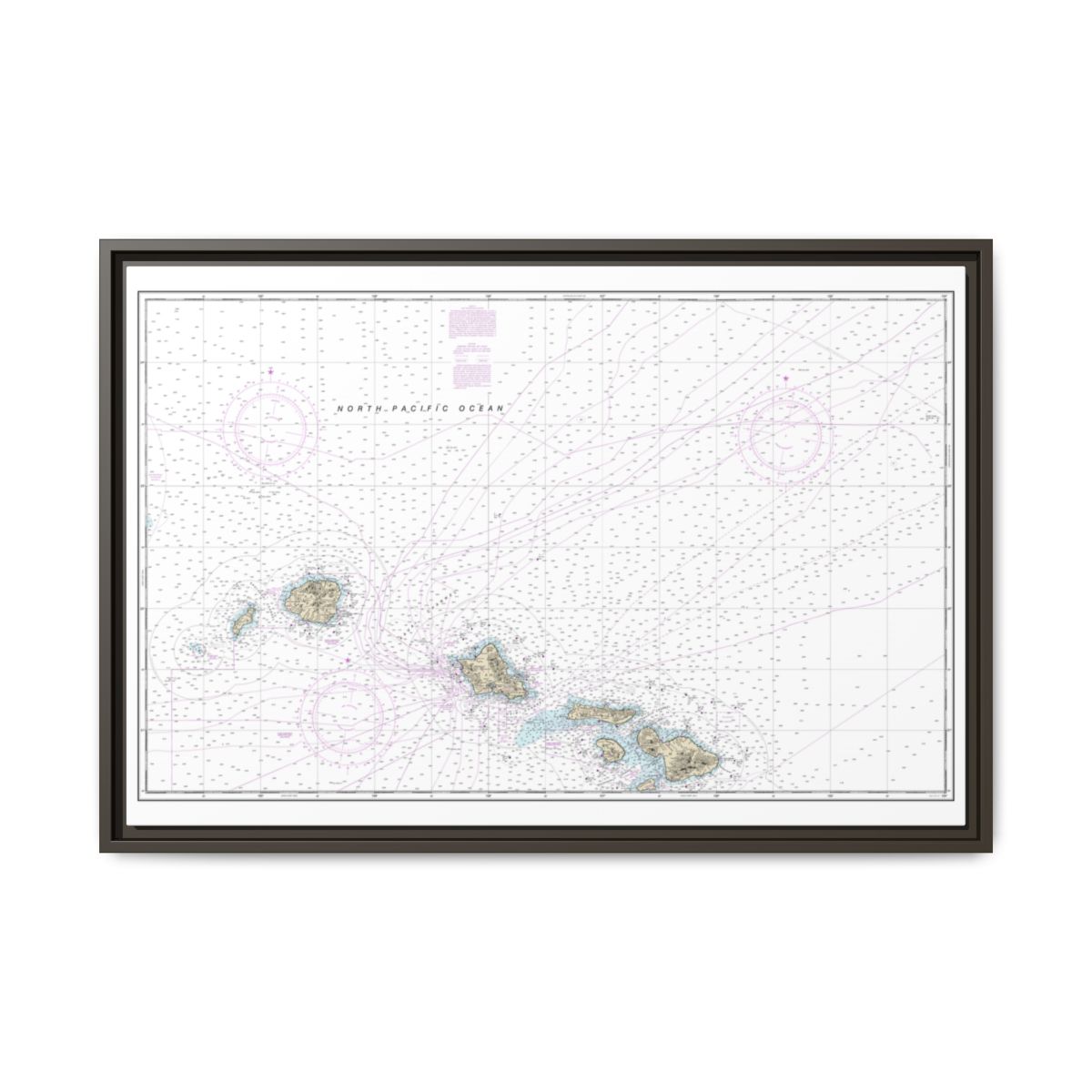 Chart 19013 Hawaiian Islands northern part - NOAA Nautical Chart Floating Frame Canvas | 30" x 20" | 36" x 24" | 48" x 32" - Espresso front