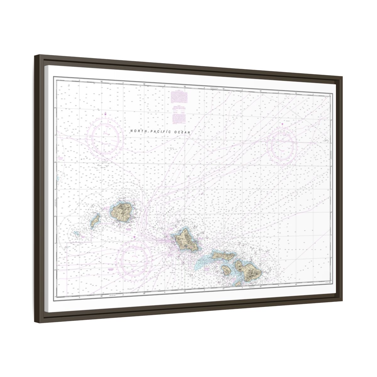 Chart 19013 Hawaiian Islands northern part - NOAA Nautical Chart Floating Frame Canvas | 30" x 20" | 36" x 24" | 48" x 32" - Espresso side