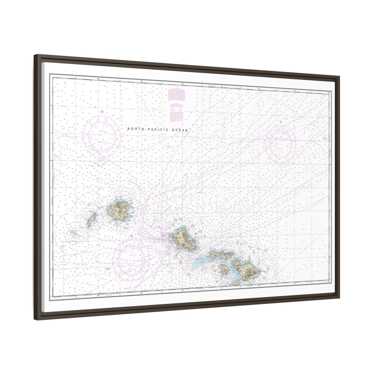 Chart 19013 Hawaiian Islands northern part - NOAA Nautical Chart Floating Frame Canvas | 30" x 20" | 36" x 24" | 48" x 32" - Espresso side