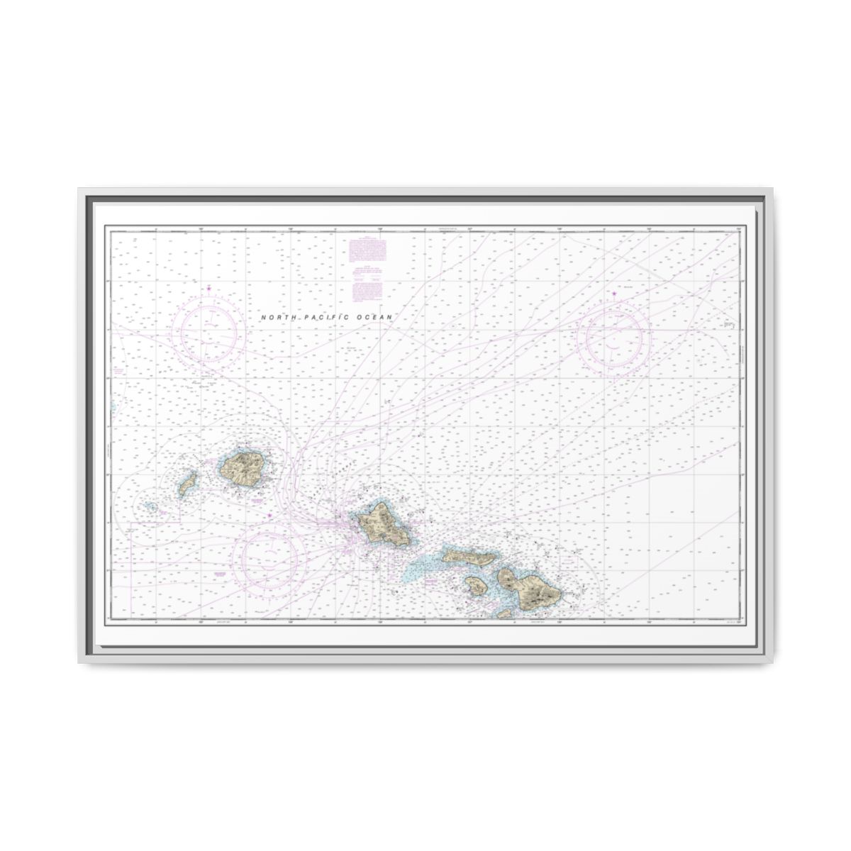 Chart 19013 Hawaiian Islands northern part - NOAA Nautical Chart Floating Frame Canvas | 30" x 20" | 36" x 24" | 48" x 32" - White front