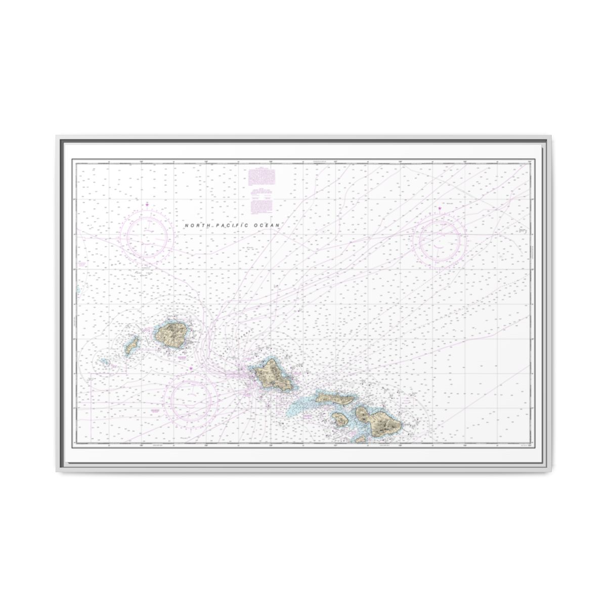 Chart 19013 Hawaiian Islands northern part - NOAA Nautical Chart Floating Frame Canvas | 30" x 20" | 36" x 24" | 48" x 32" - White front