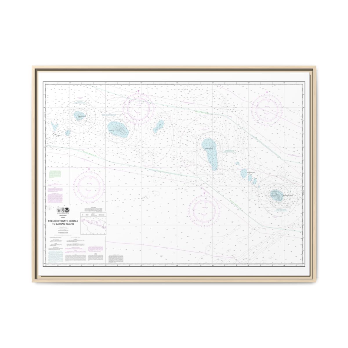 Chart 19019 French Frigate Shoals to Laysan Island - NOAA Nautical Chart Floating Frame Canvas | 32" x 24" | 40" x 30" - Natural front