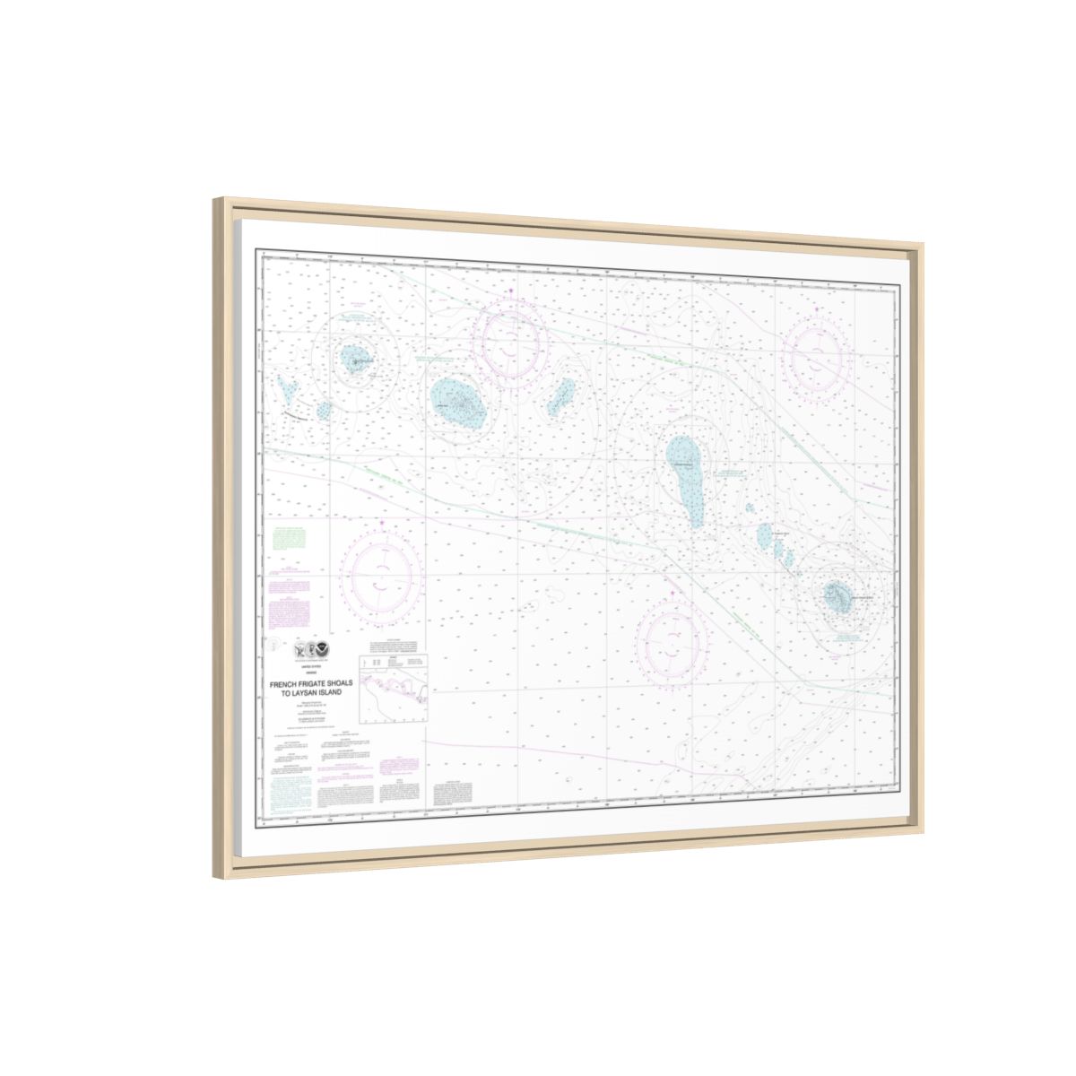 Chart 19019 French Frigate Shoals to Laysan Island - NOAA Nautical Chart Floating Frame Canvas | 32" x 24" | 40" x 30" - Natural side