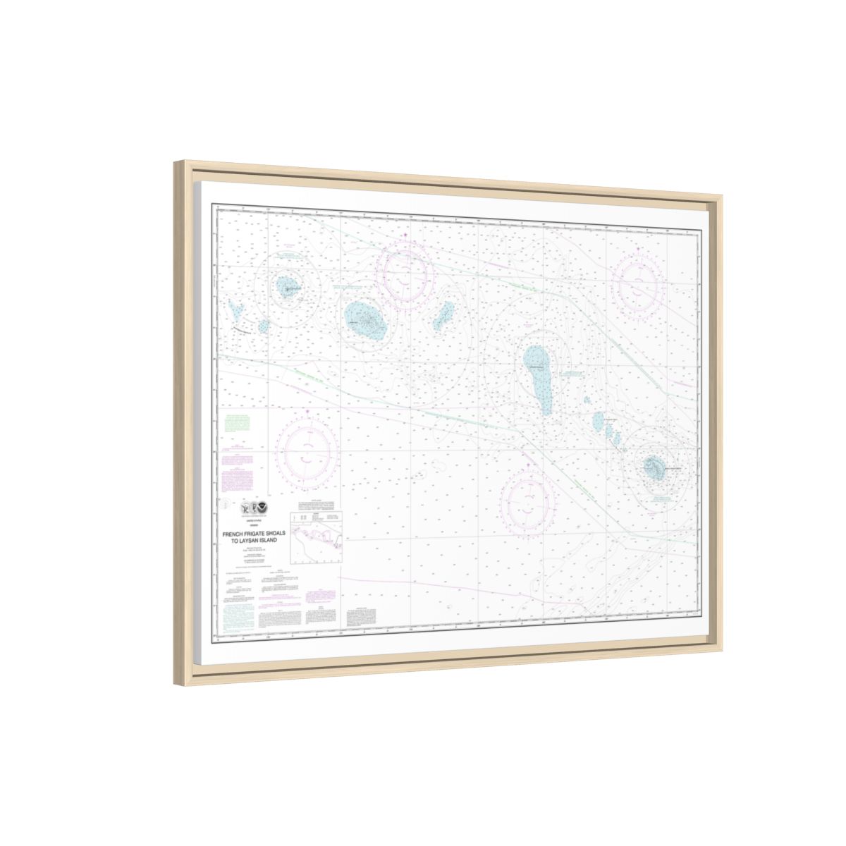 Chart 19019 French Frigate Shoals to Laysan Island - NOAA Nautical Chart Floating Frame Canvas | 32" x 24" | 40" x 30" - Natural side