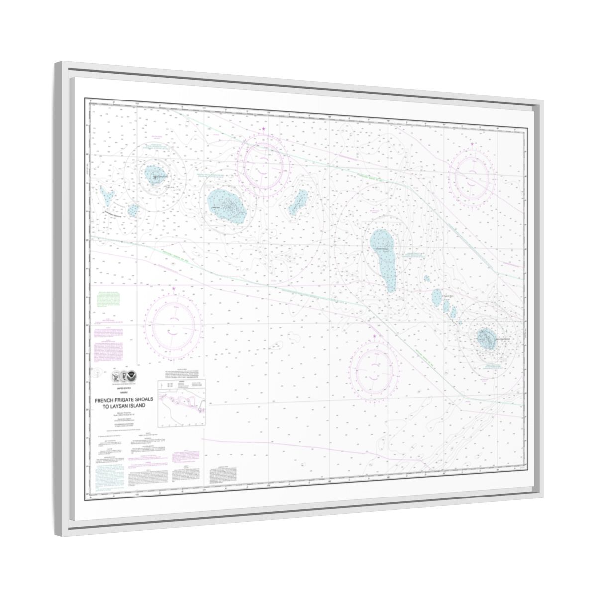 Chart 19019 French Frigate Shoals to Laysan Island - NOAA Nautical Chart Floating Frame Canvas | 32" x 24" | 40" x 30" - White side
